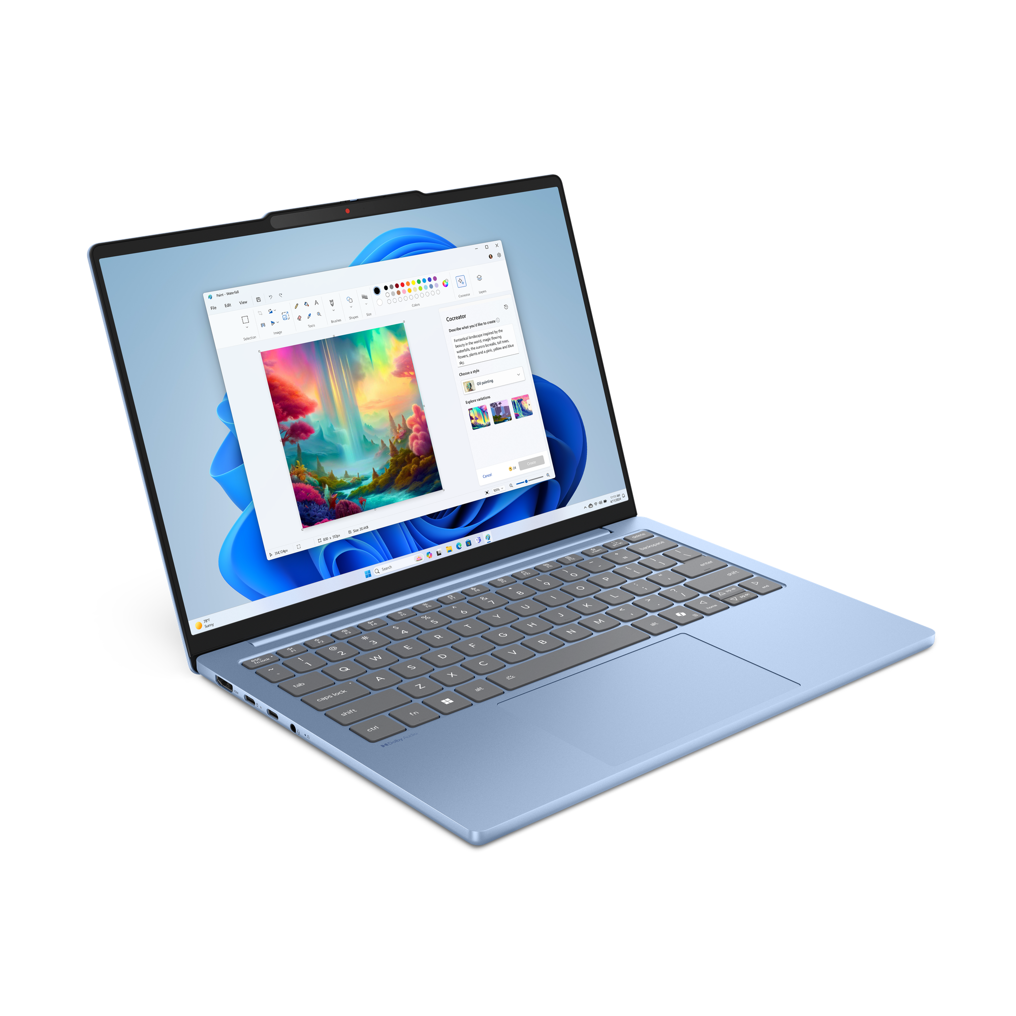 Egy kék laptop, színes tájképet jelenít meg a képernyőjén.
