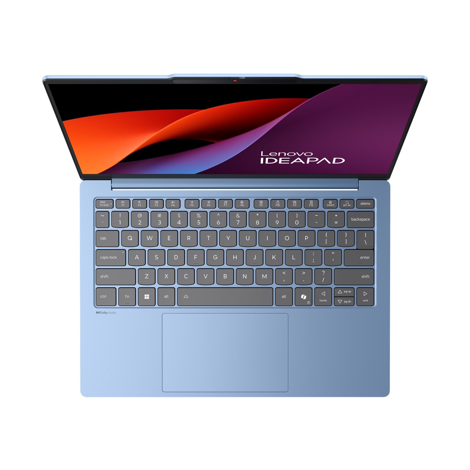 Egy világoskék Lenovo IdeaPad laptop nyitva van, látható a billentyűzete és a képernyője.