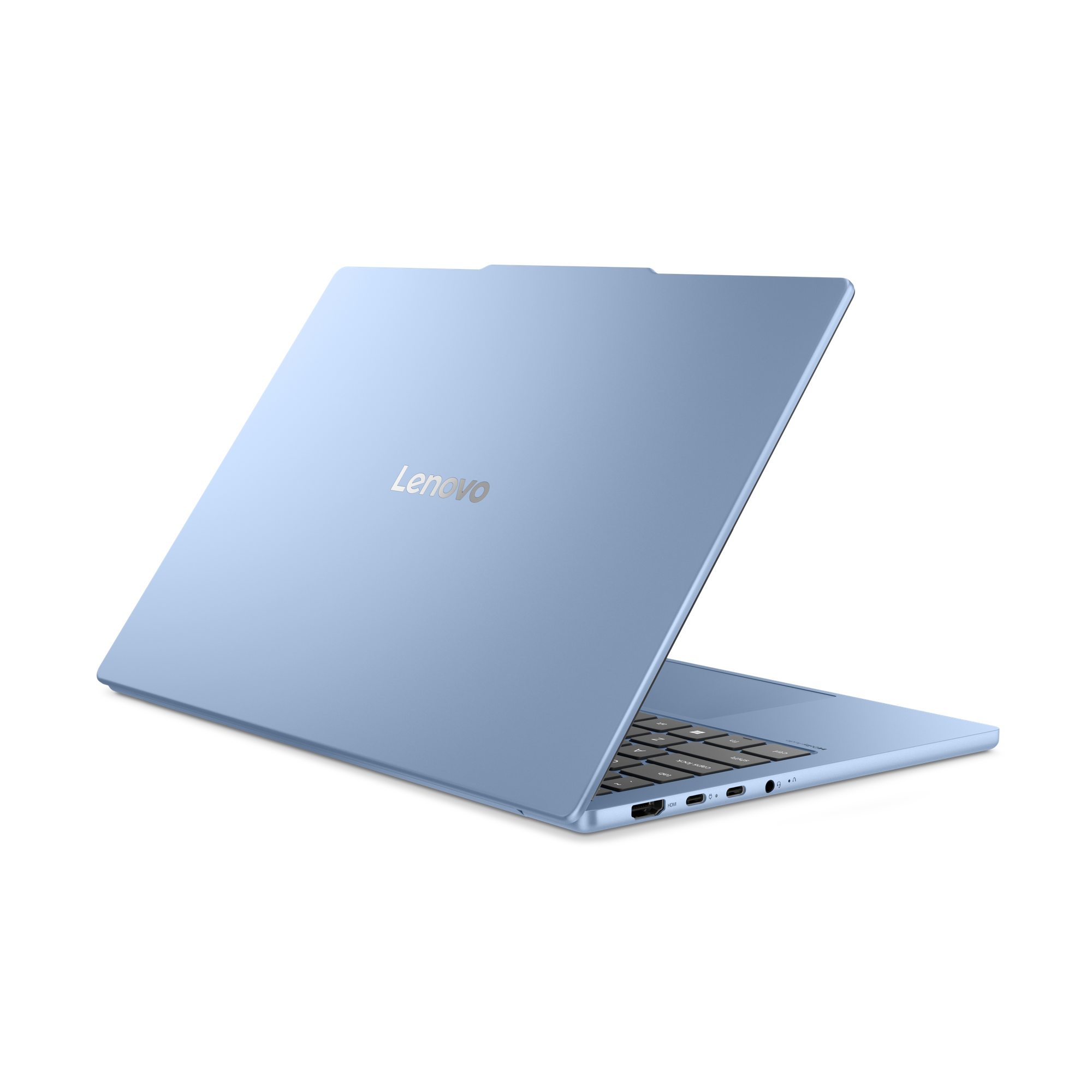 Egy világoskék Lenovo laptop nyitva, látható a billentyűzet és a portok.