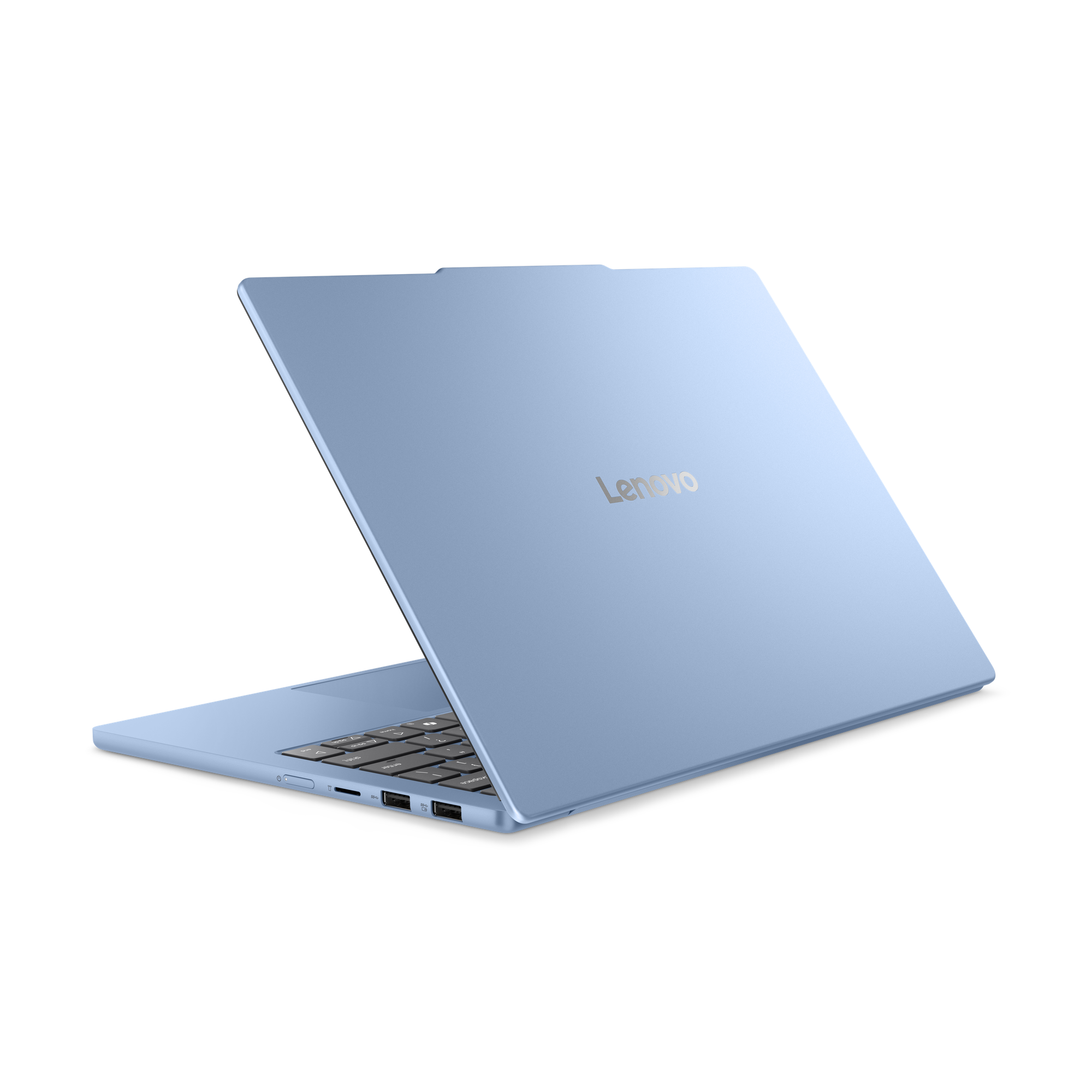 Világoskék Lenovo laptop, nyitva, oldalról mutatva, sötét billentyűzettel.