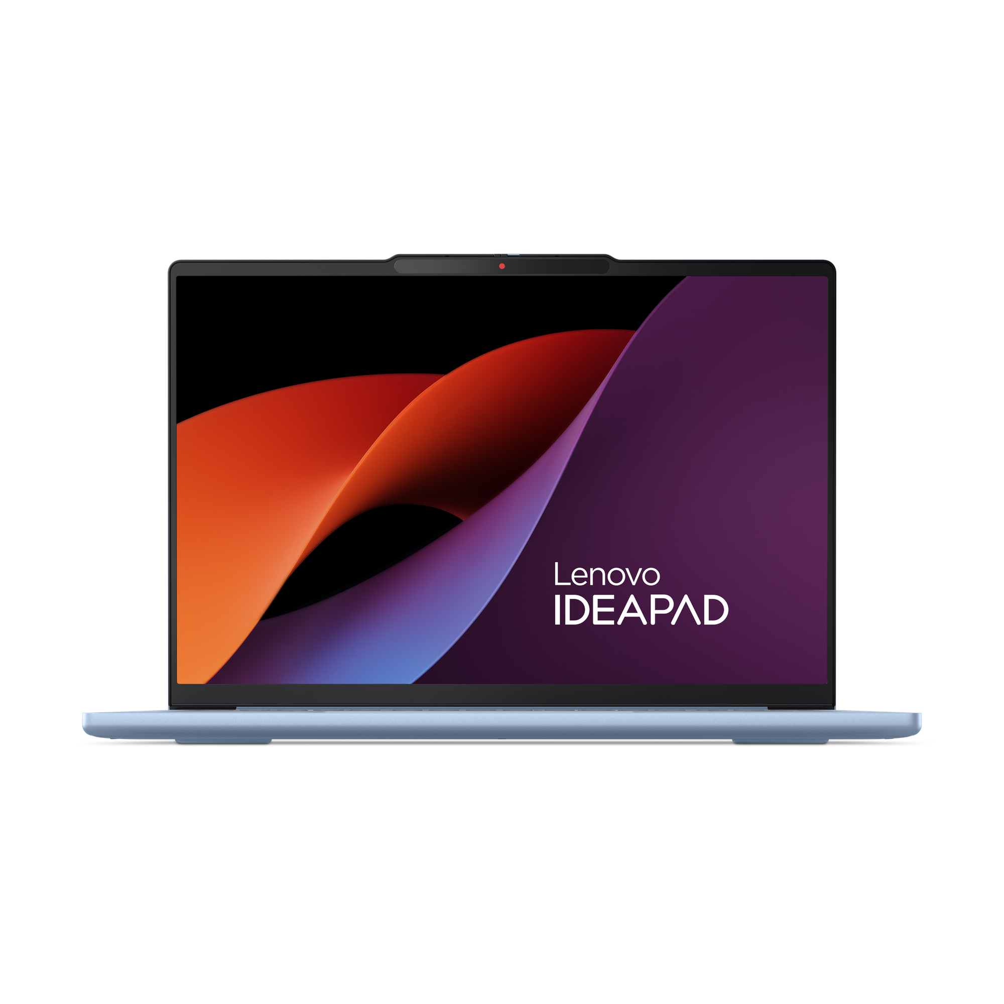 Világoskék Lenovo IdeaPad laptop fekete háttéren, színes háttérképpel.