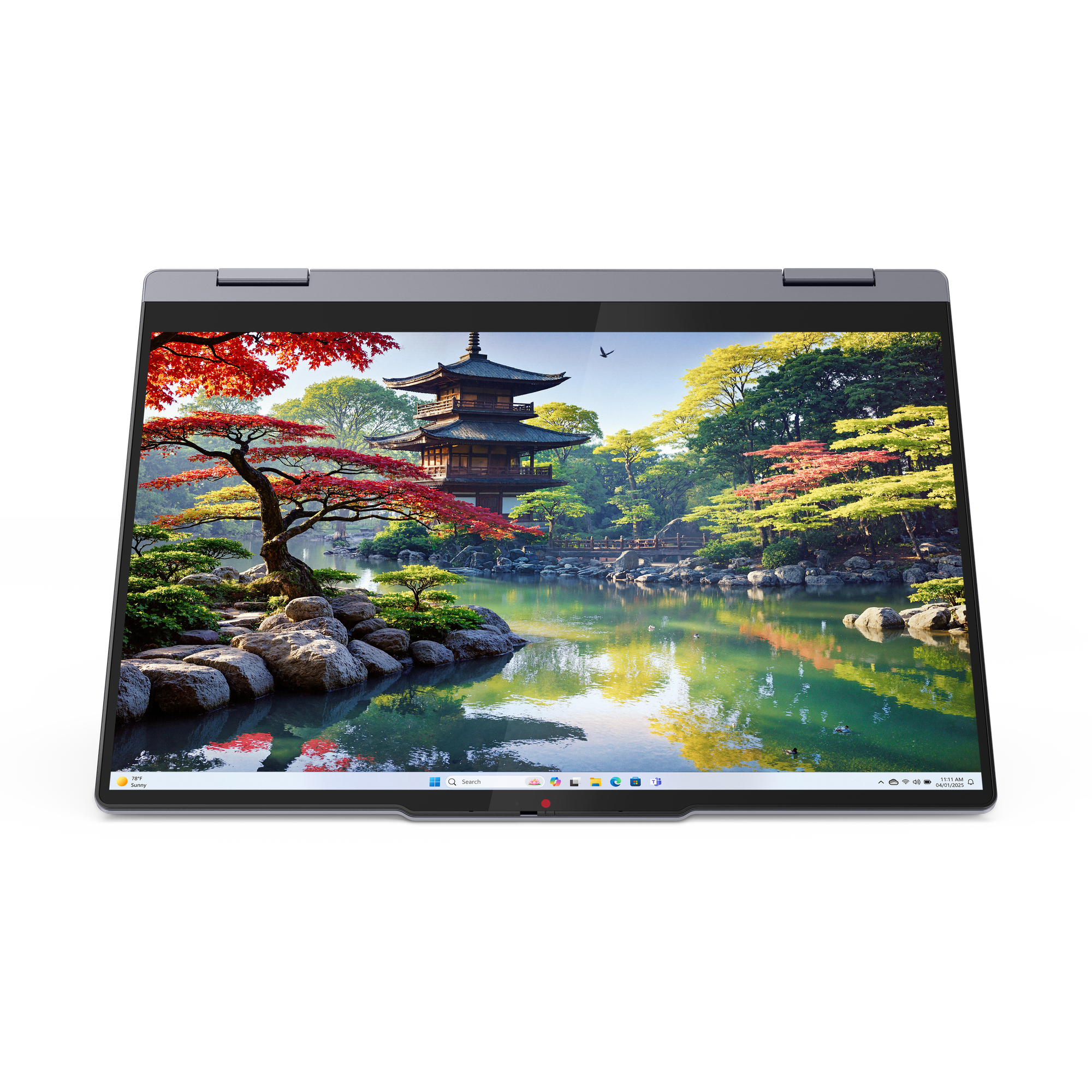 Japán kert pagodával, tóval és színes fákkal.
