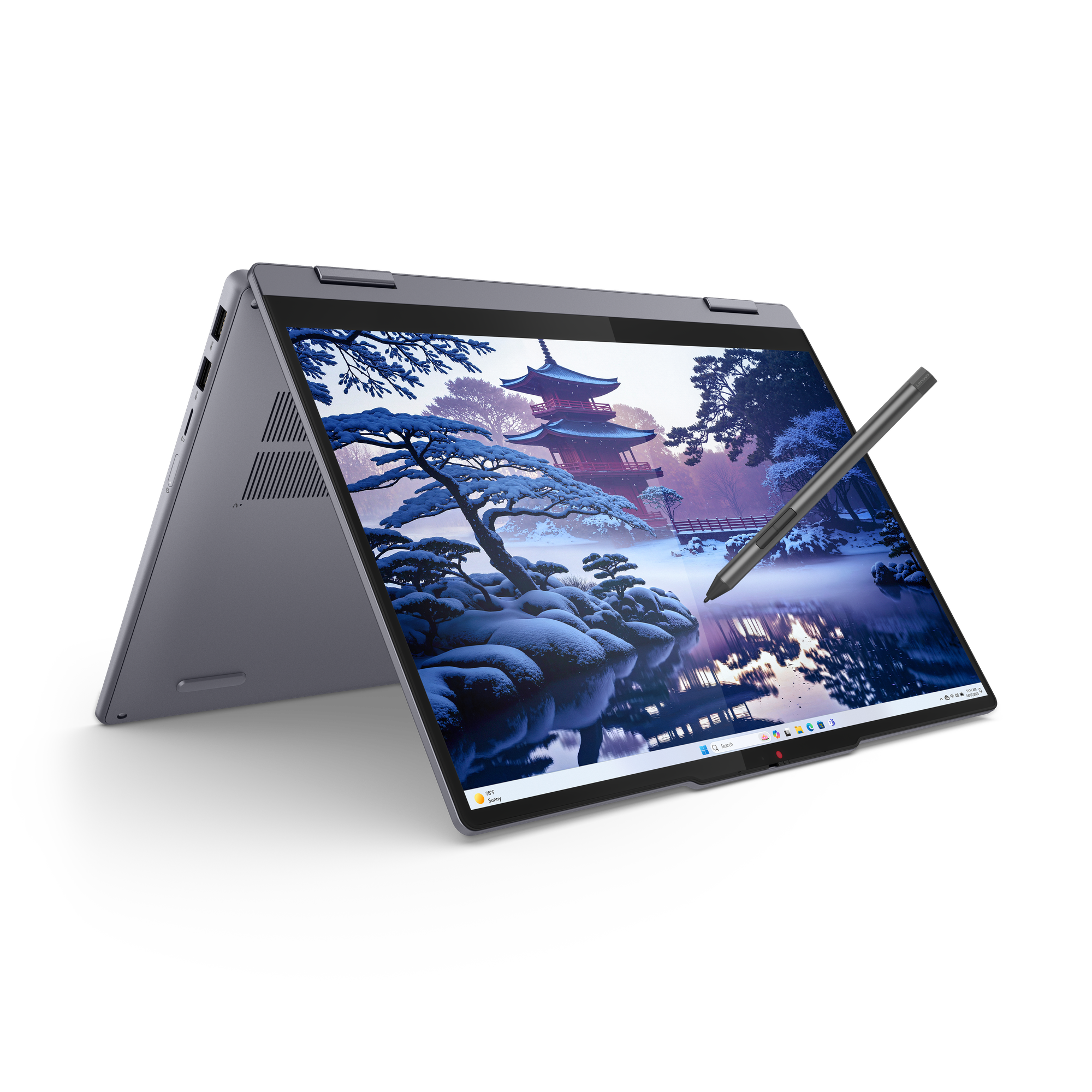 Egy laptop, amely napfényben fürdő, havas japán kert digitális alkotását jeleníti meg.