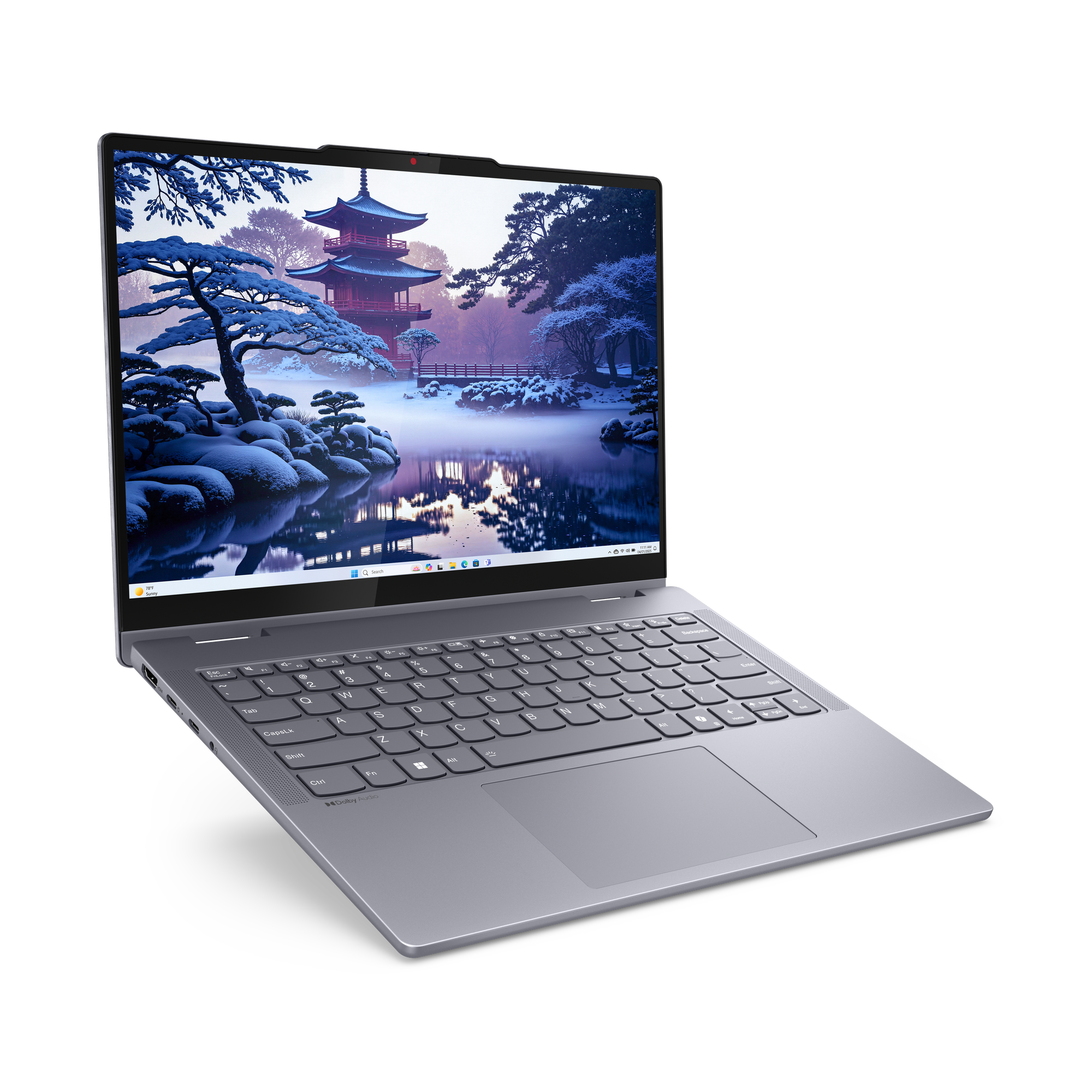 Laptop téli japán kertet mutat a képernyőjén.