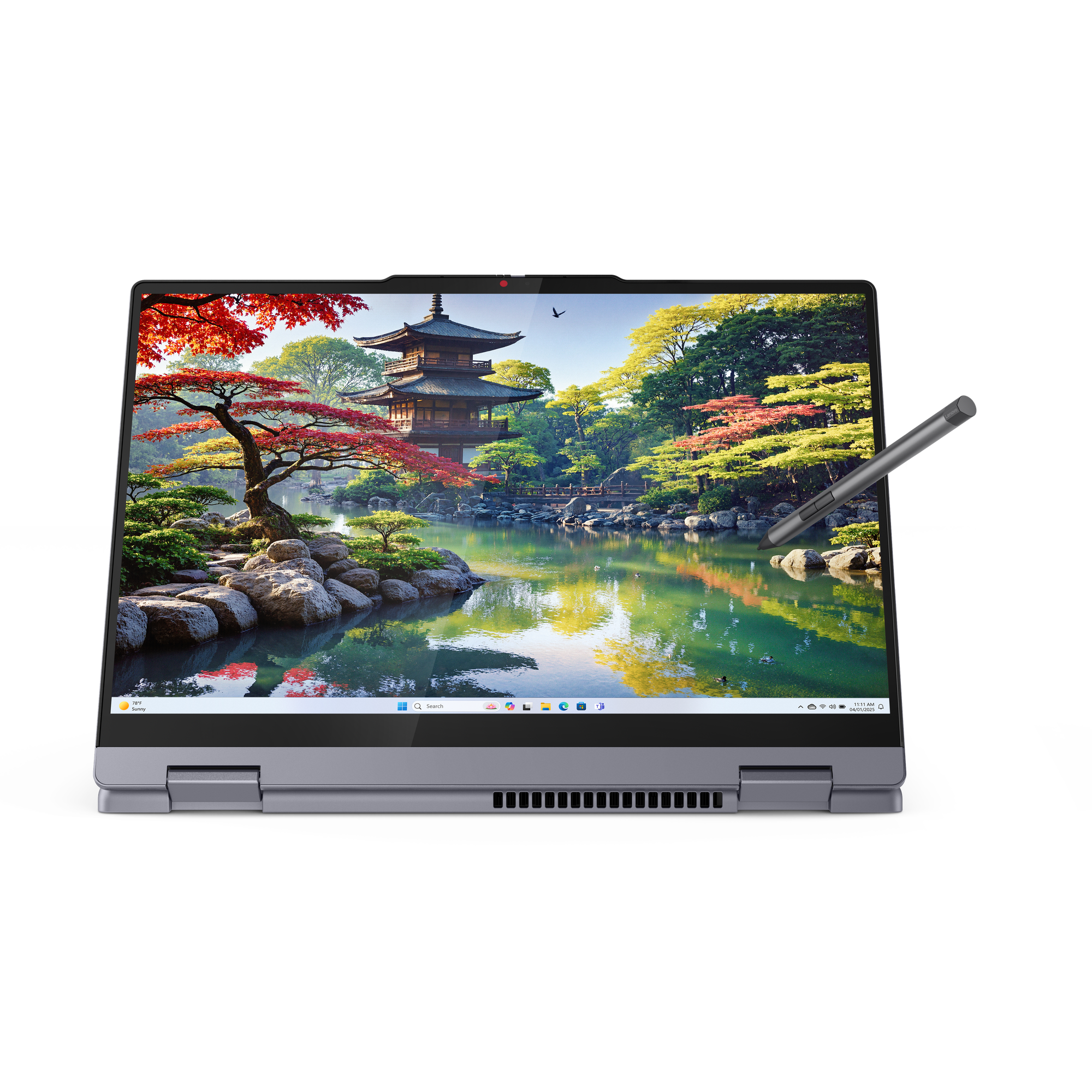 Laptop japán kertet ábrázoló képernyővel, mellette érintőtoll.