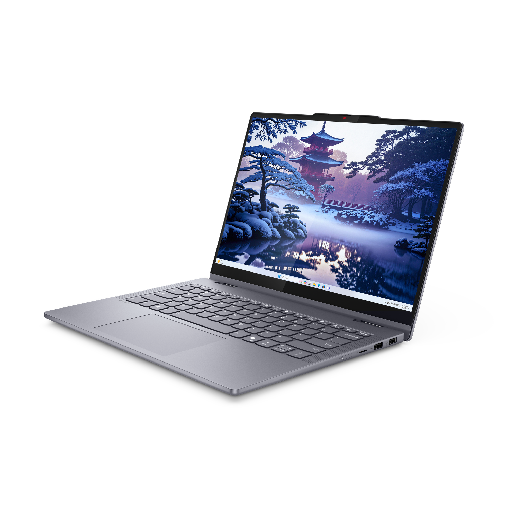 Laptop téli tájképpel: pagodatemplom, fák és tó.