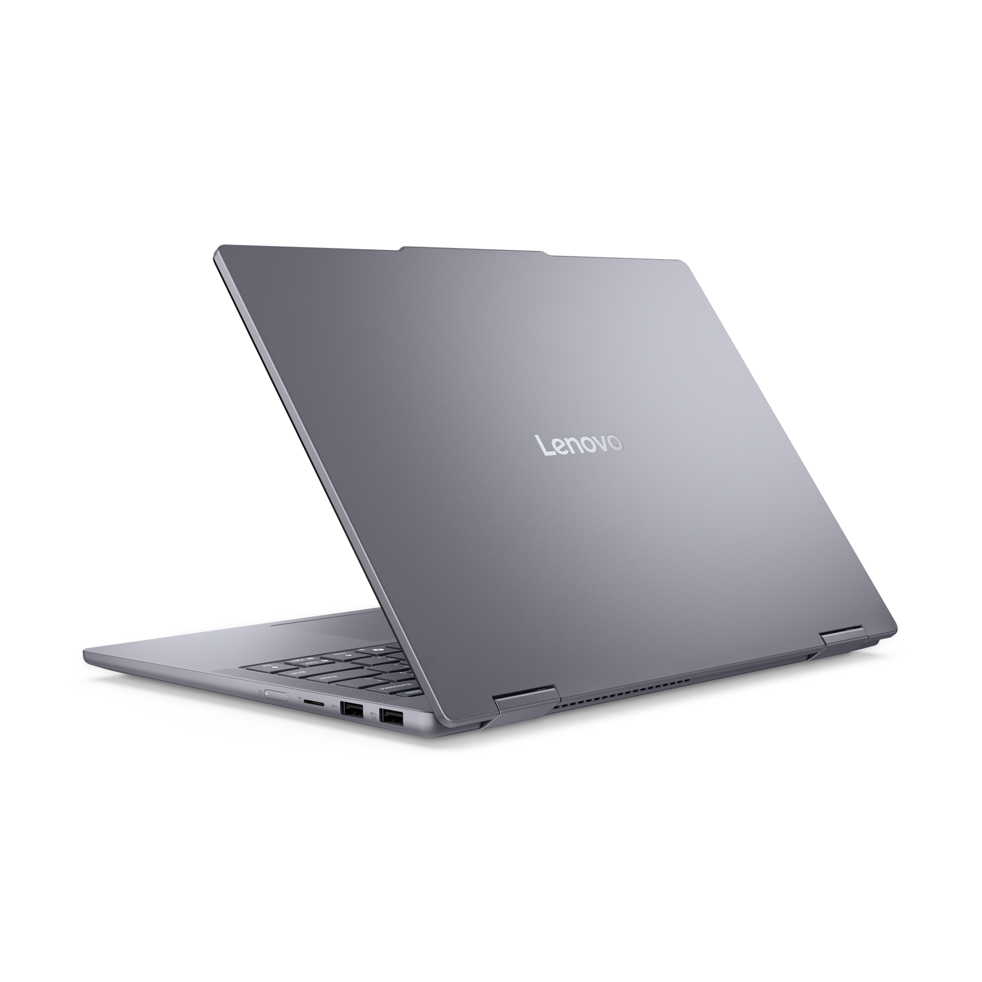 Egy szürke Lenovo laptop nyitva, hátulról döntött nézetben látható.