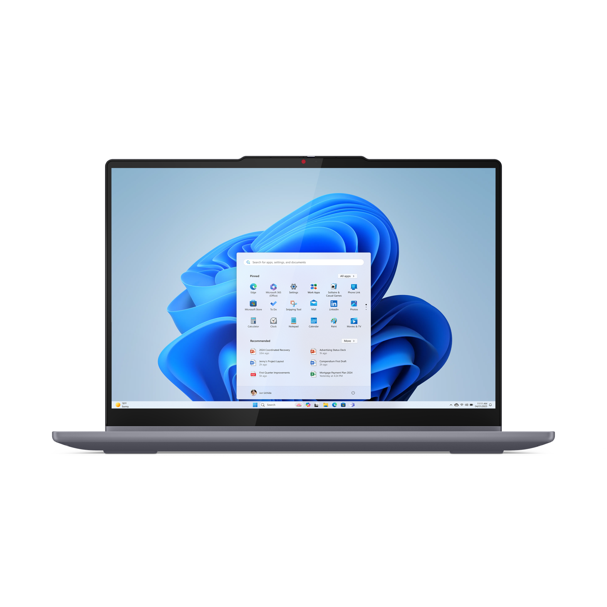 Szürke laptop Windows 11 kezdőmenüvel, alkalmazásokkal és ajánlott fájlokkal.