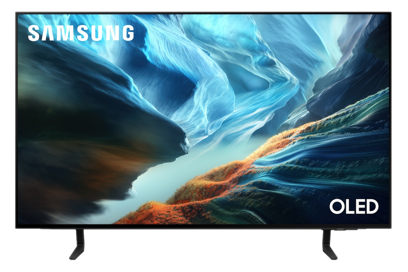 Telewizor Samsung OLED wyświetla abstrakcyjny krajobraz niebiesko-pomarańczowy.