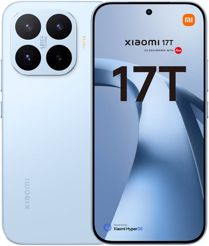 Világoskék Xiaomi 17T okostelefon négyes kamerával és Leica logóval.