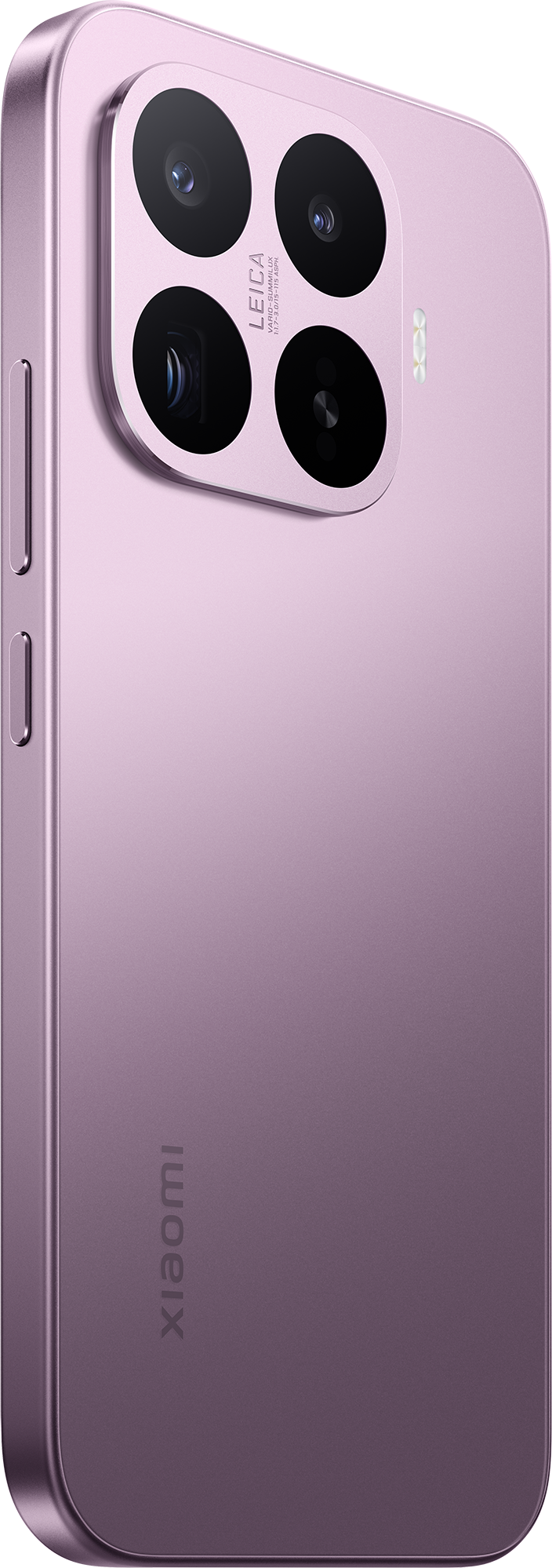 Lila okostelefon Leica kamerával. Xiaomi logó alul.