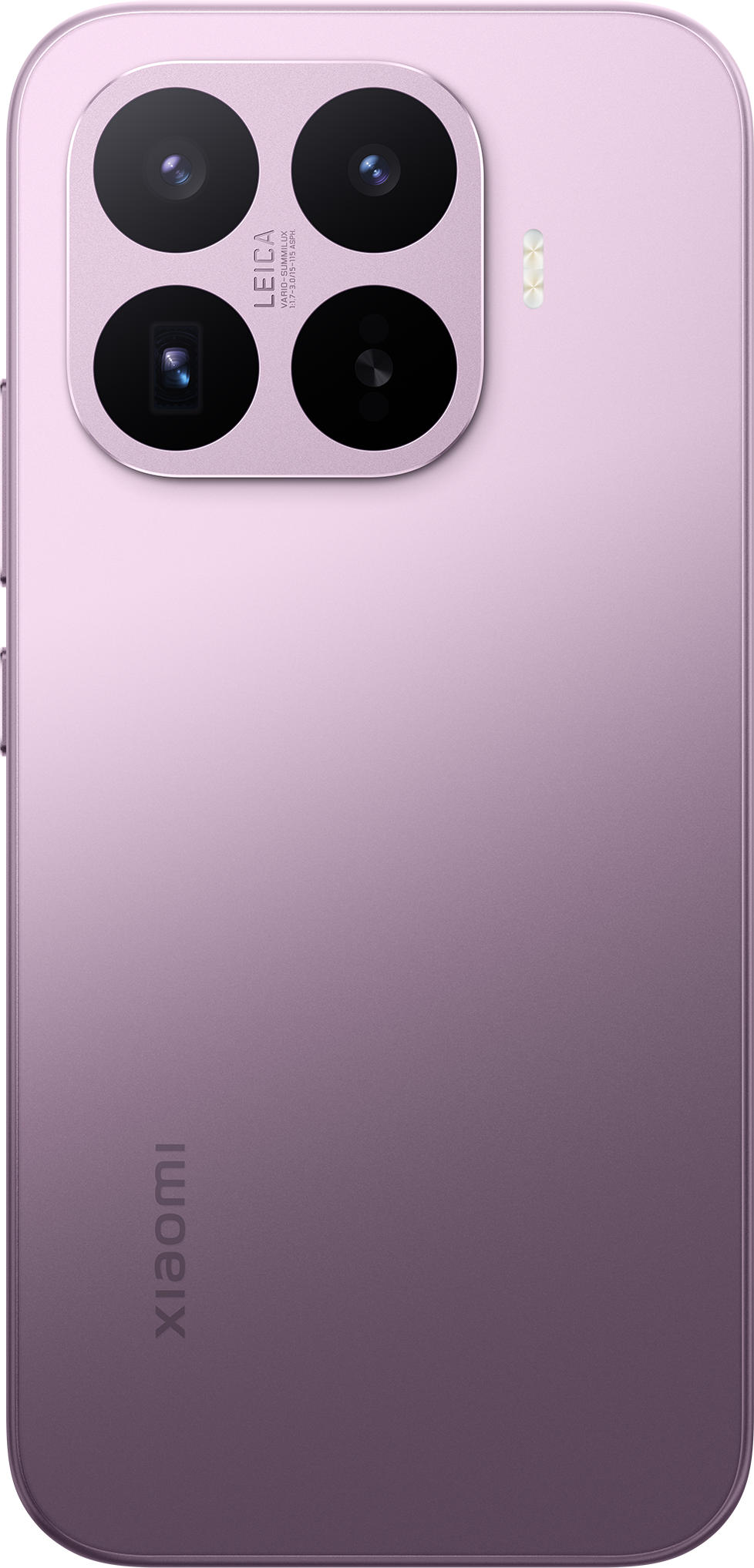 Egy lila okostelefon hátoldala négy kamerával és Xiaomi logóval.
