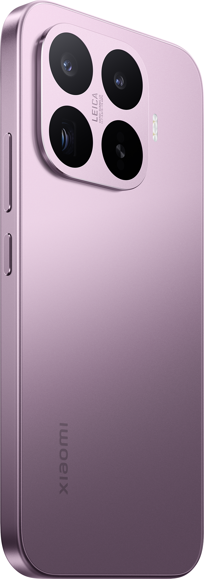 Lila okostelefon hátulja, Leica tripla kamerával és Xiaomi logóval.