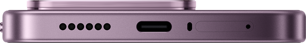 Lila okostelefon részletes nézete USB-C porttal, hangszóróráccsal és SIM-tálcával.