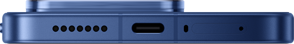 Kék okostelefon alsó részének közelképe USB-C porttal.