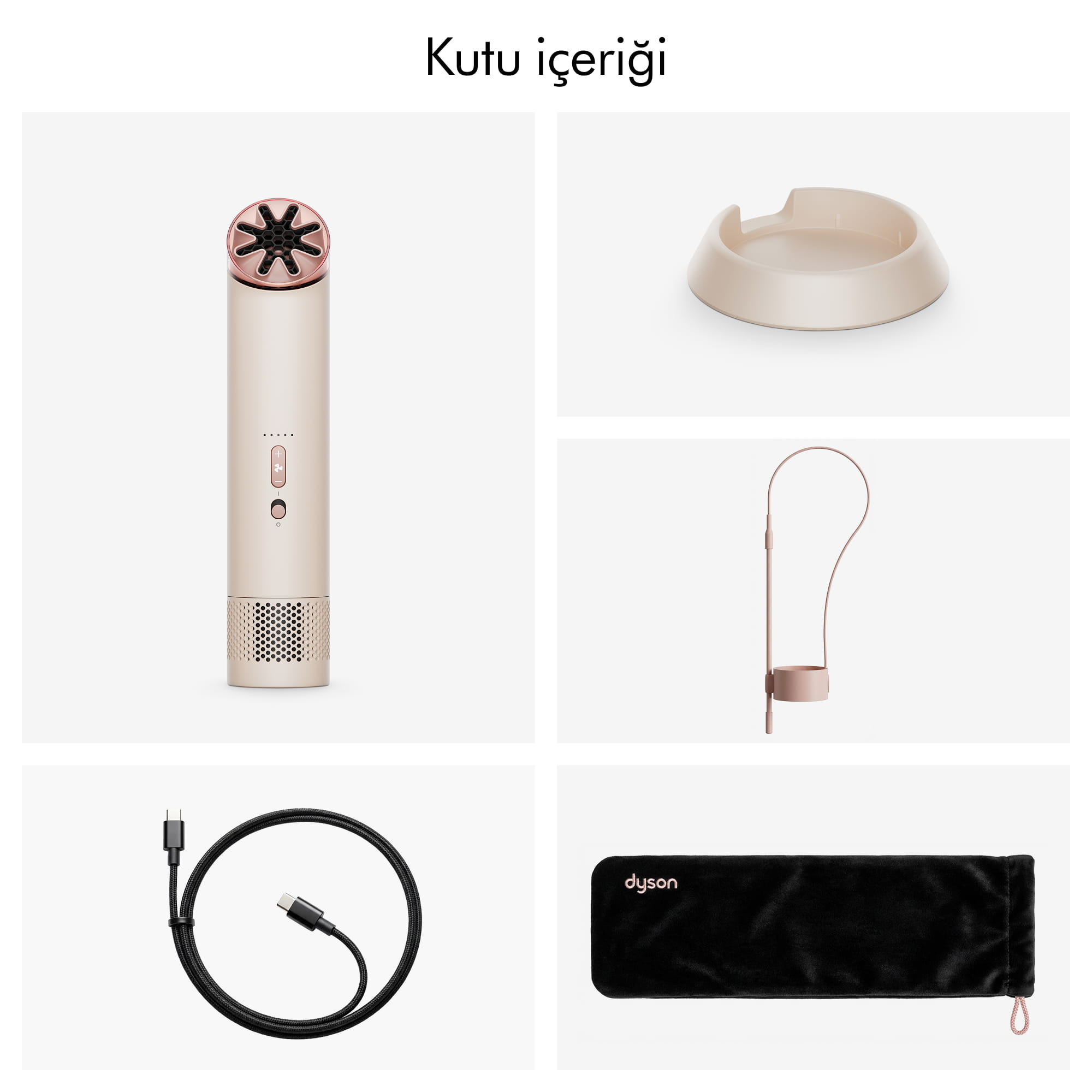 Altın rengi saç kurutma makinesi, başlıklar, şarj kablosu ve kılıf.