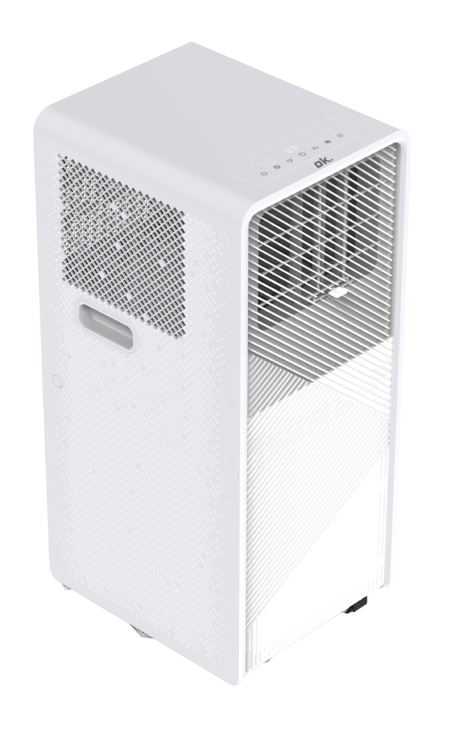 Una torre de aire acondicionado portátil blanca con rejilla y panel de control.