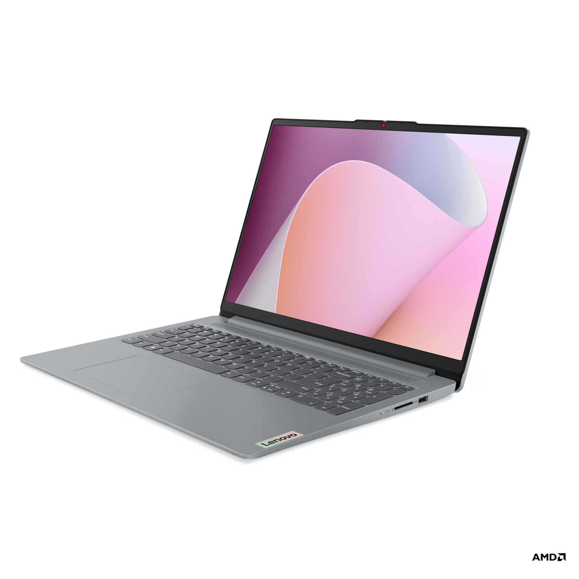 Ekranında soyut, renkli duvar kağıdı olan gri Lenovo dizüstü bilgisayar.