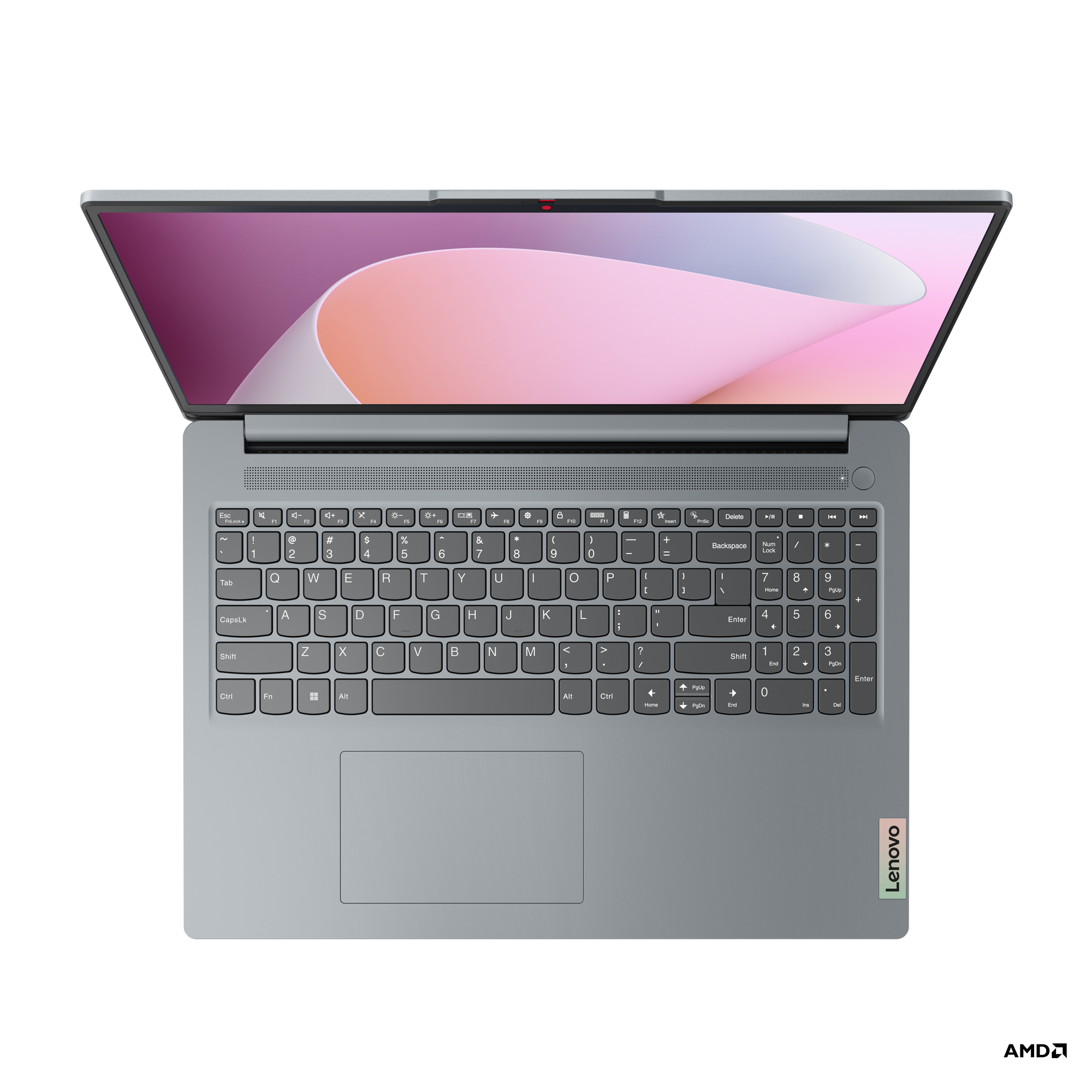 Açık gümüş renkli Lenovo dizüstü bilgisayar, klavye ve dokunmatik yüzeyi görünüyor.