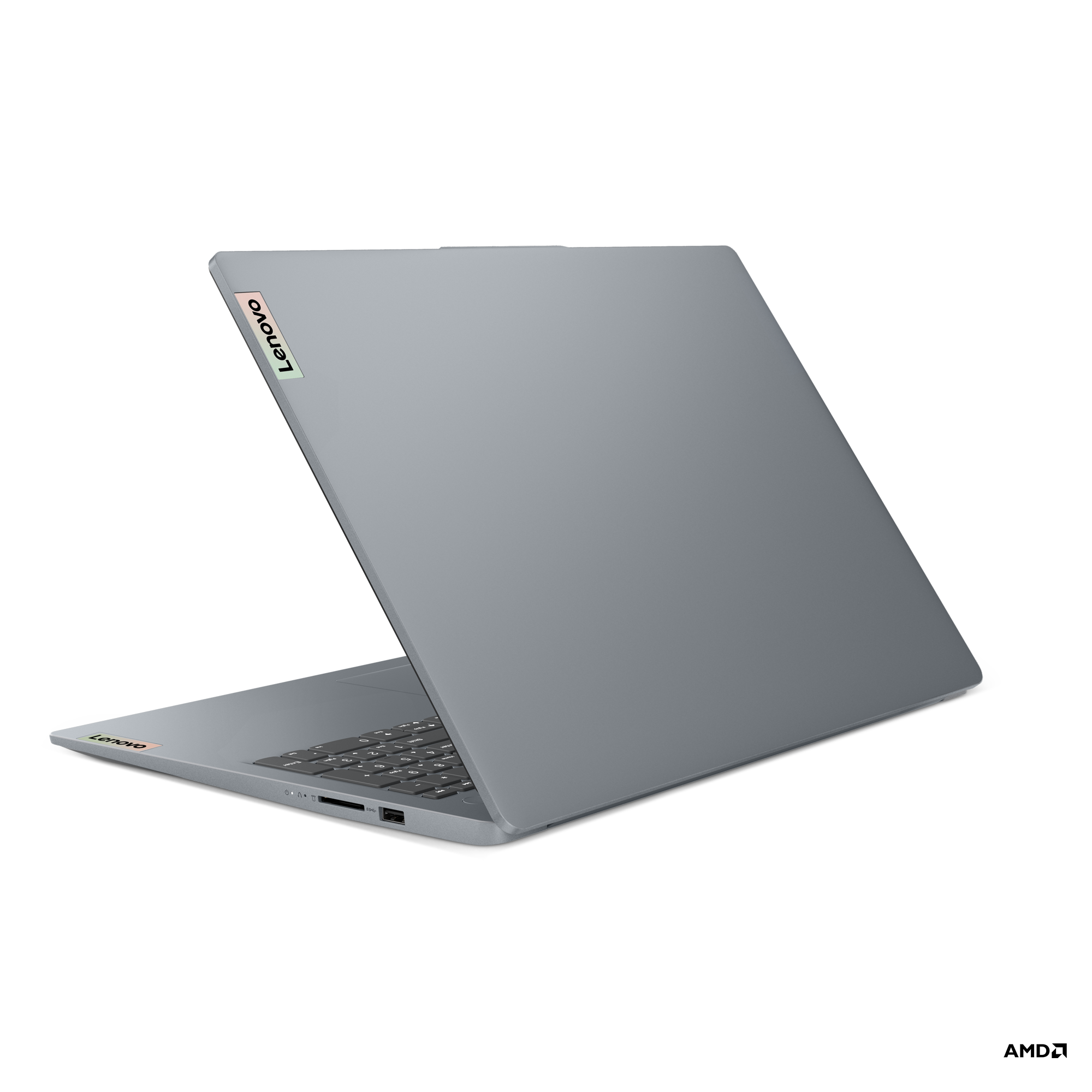 Klavye ve bağlantı noktalarını gösteren açık gri Lenovo dizüstü bilgisayar.
