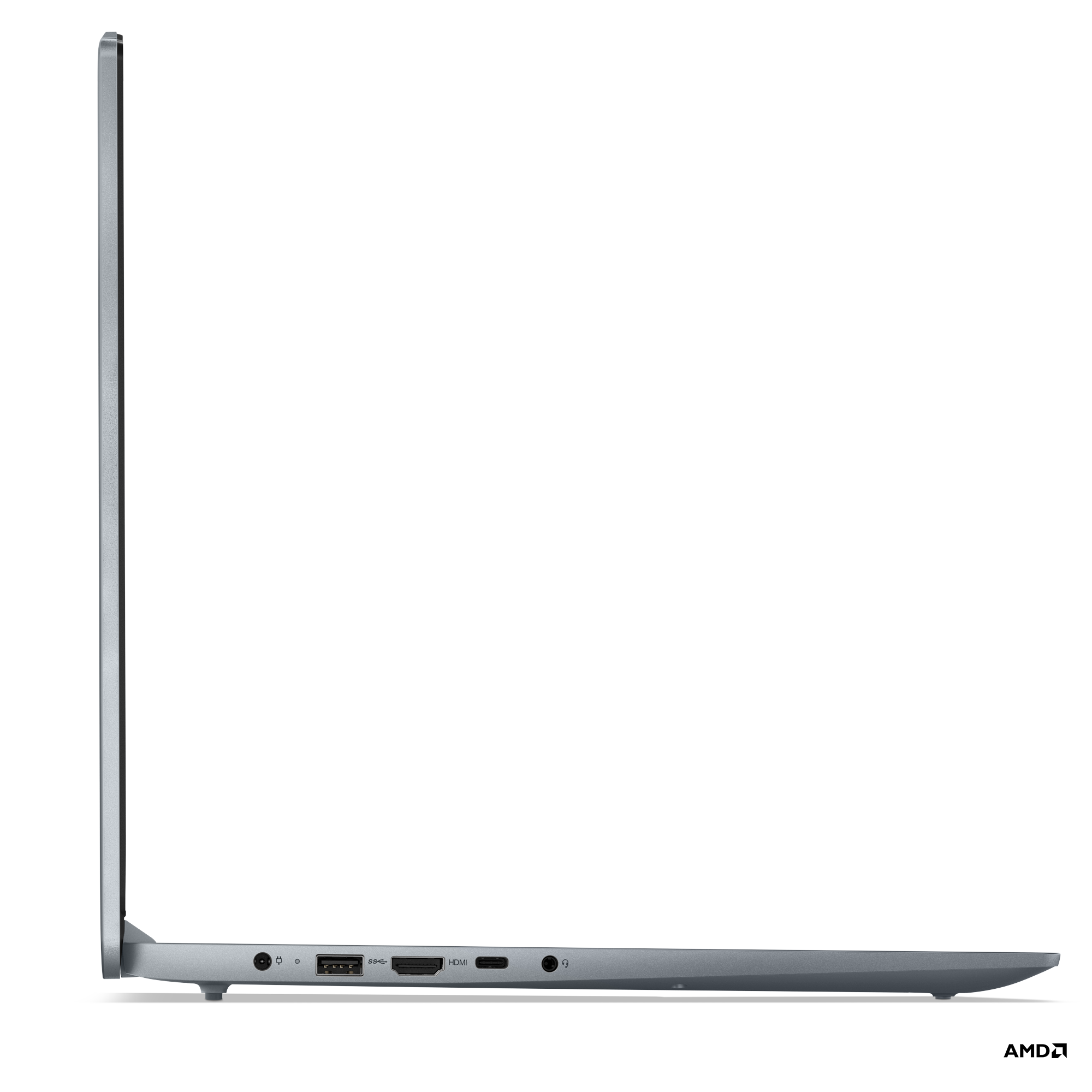 Gri dizüstü bilgisayar yandan görünüm: güç, USB-A, HDMI, USB-C, kulaklık.