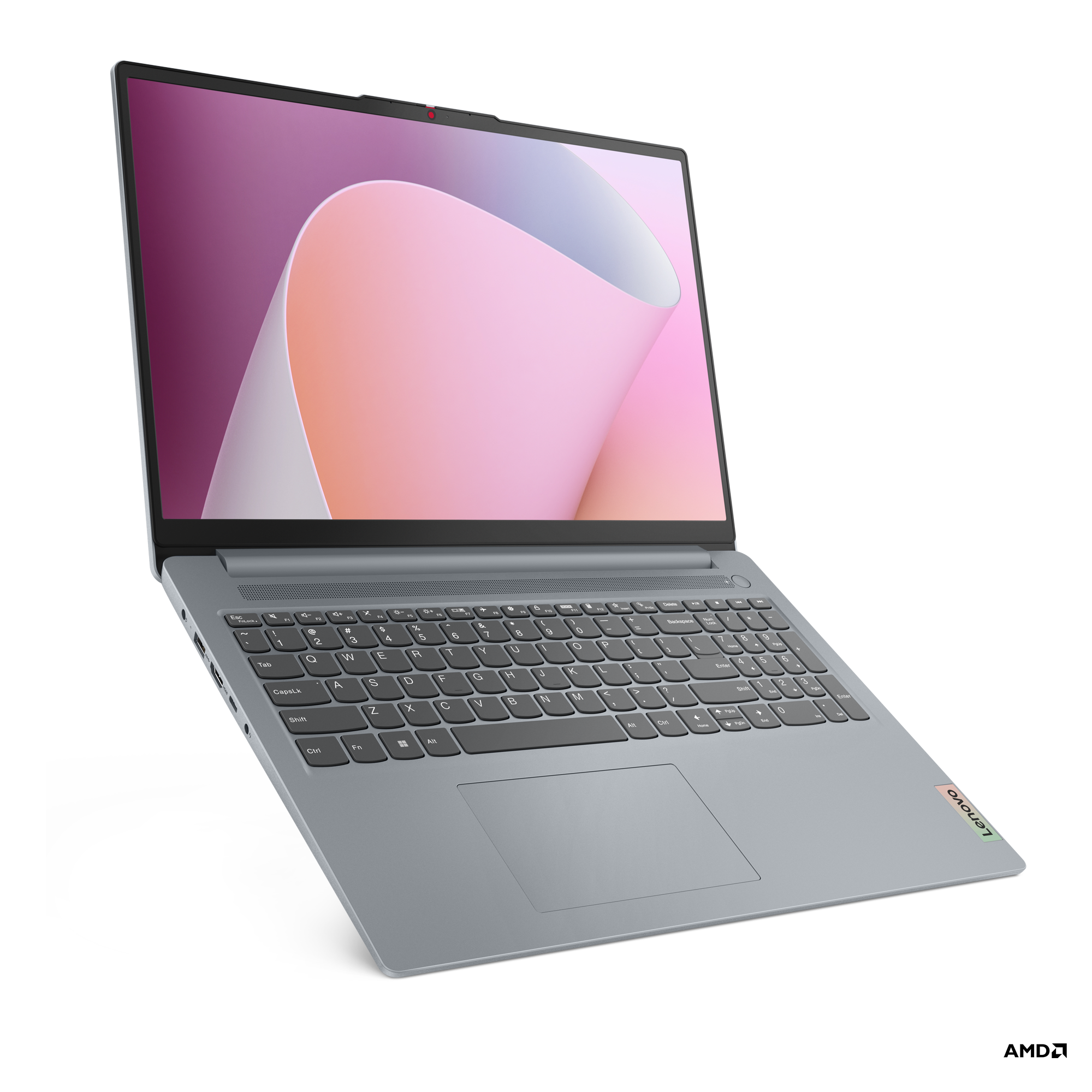 Koyu arka plan üzerinde klavyeli ve ekranlı gri bir Lenovo dizüstü bilgisayar.