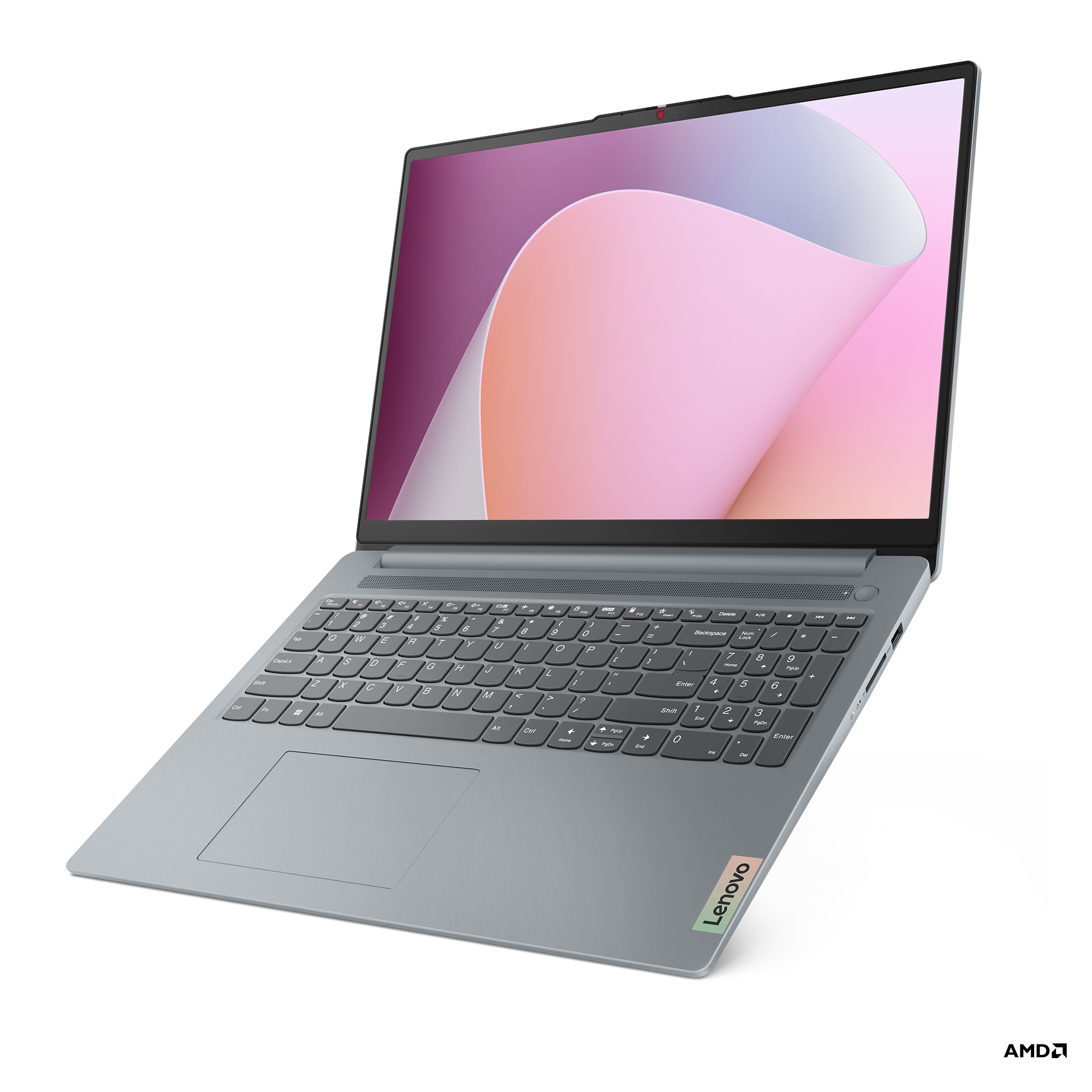 Klavye, dokunmatik yüzey ve açık ekranı olan gri bir Lenovo dizüstü bilgisayar.