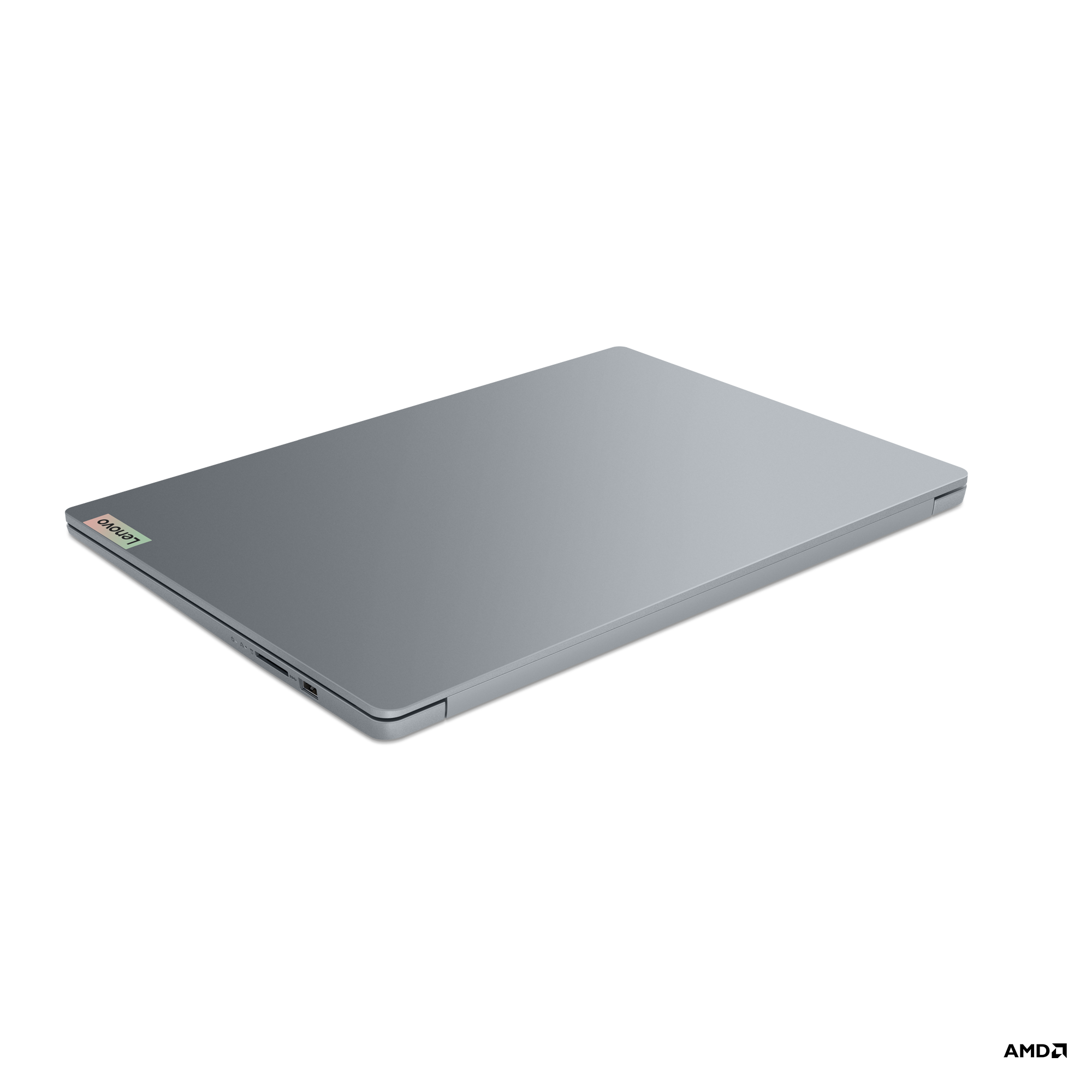 Sol tarafında Lenovo logosu bulunan gri bir dizüstü bilgisayar.