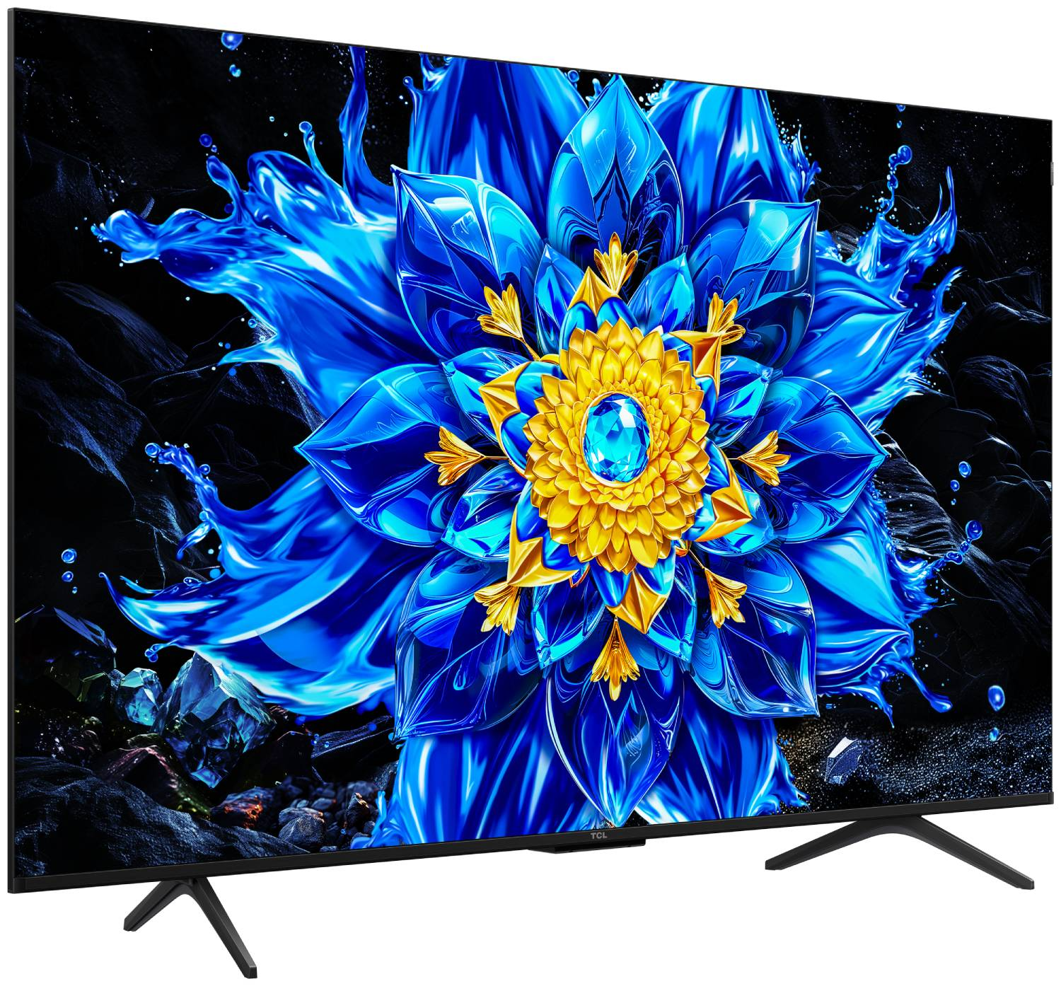 Un televisor moderno muestra una imagen abstracta y vibrante de una flor azul con toques dorados.