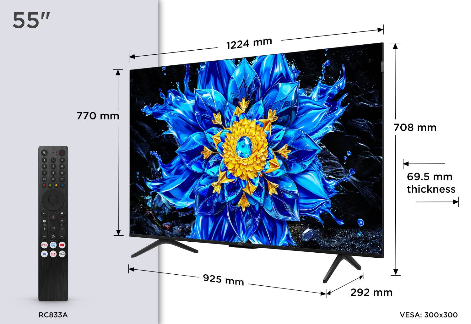Televisor de 55 pulgadas con dimensiones y mando a distancia.
