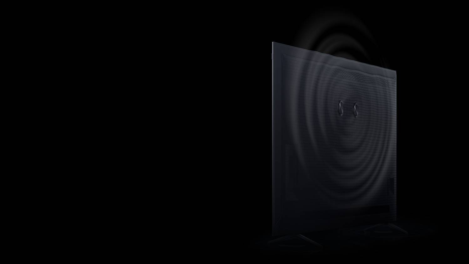 Parte trasera de un televisor oscuro con patrón de ondas y dos botones.