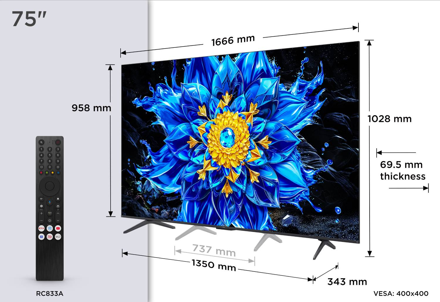 Un televisor de 75 pulgadas con protector de pantalla floral azul y dimensiones mostradas. Un mando a distancia al lado.