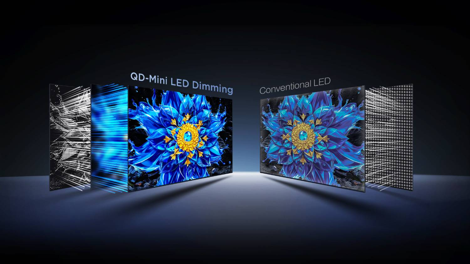 LED QD-Mini vs LED Convencional: comparativa de imagen de flor azul.