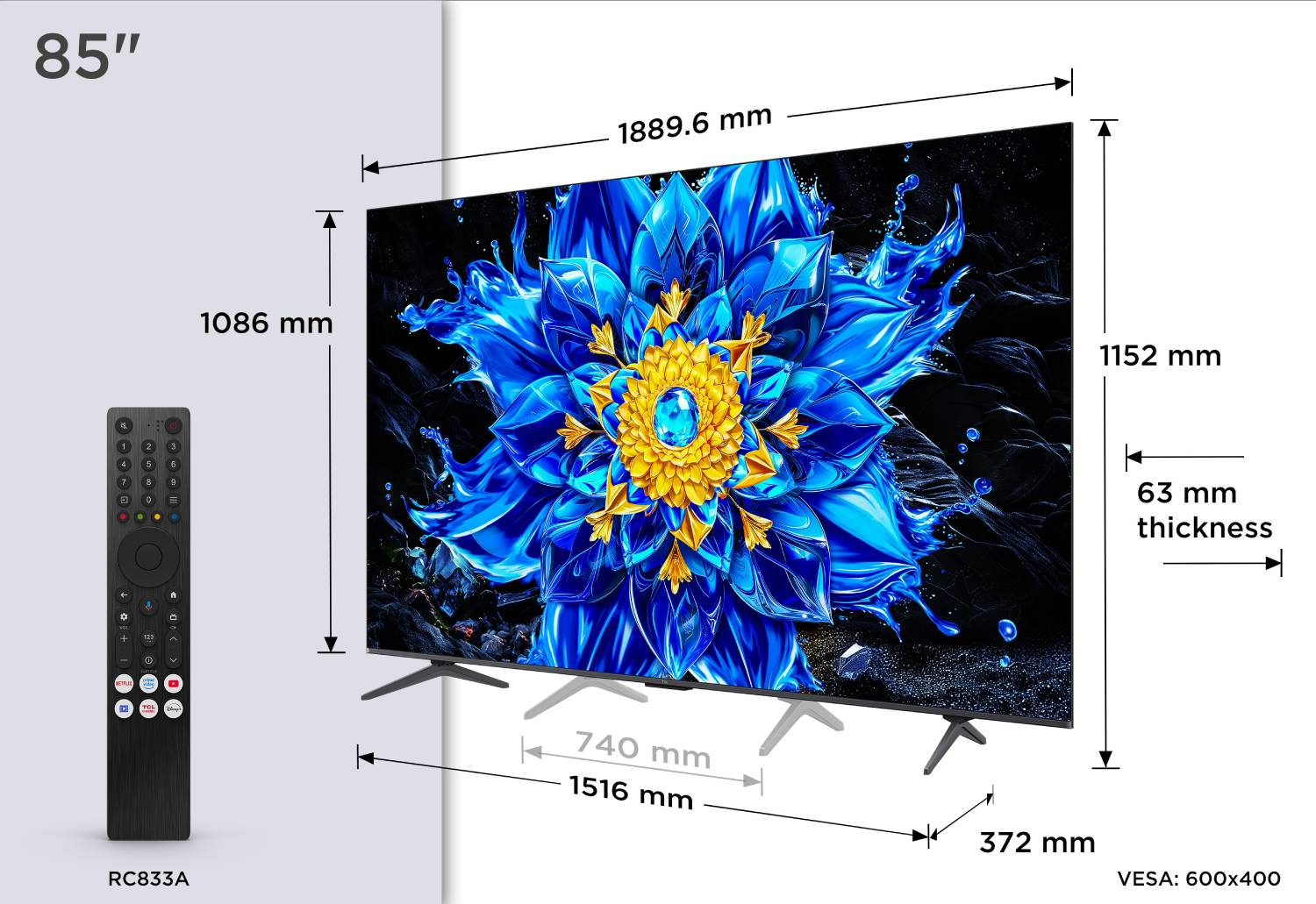Televisor de 85 pulgadas con flor azul y amarilla, dimensiones y mando.
