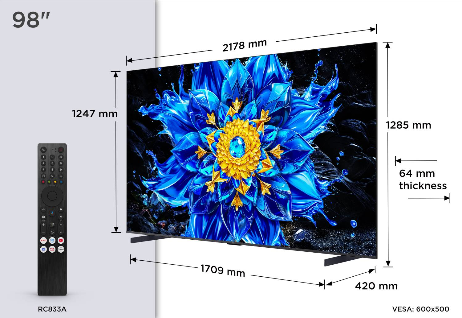Un televisor de 98 pulgadas con flor azul, dimensiones y mando.