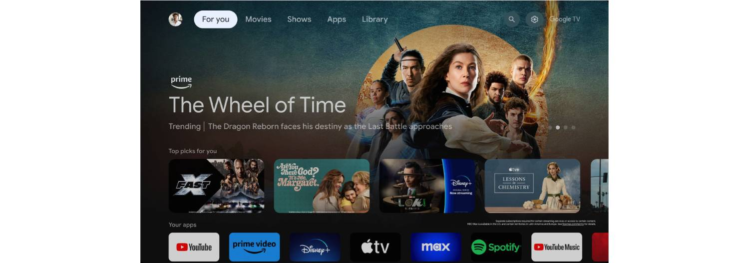 Página de inicio de Google TV con "La Rueda del Tiempo" y selecciones.