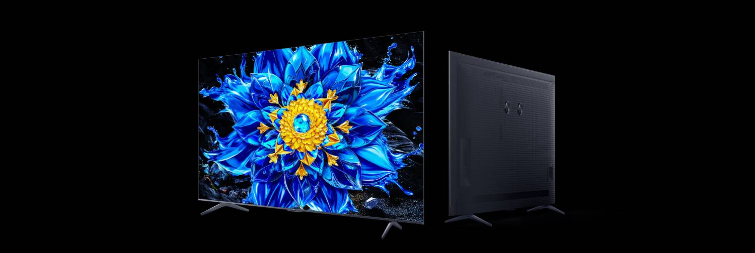 Un televisor negro que muestra una imagen floral azul y amarilla, sobre un fondo negro.