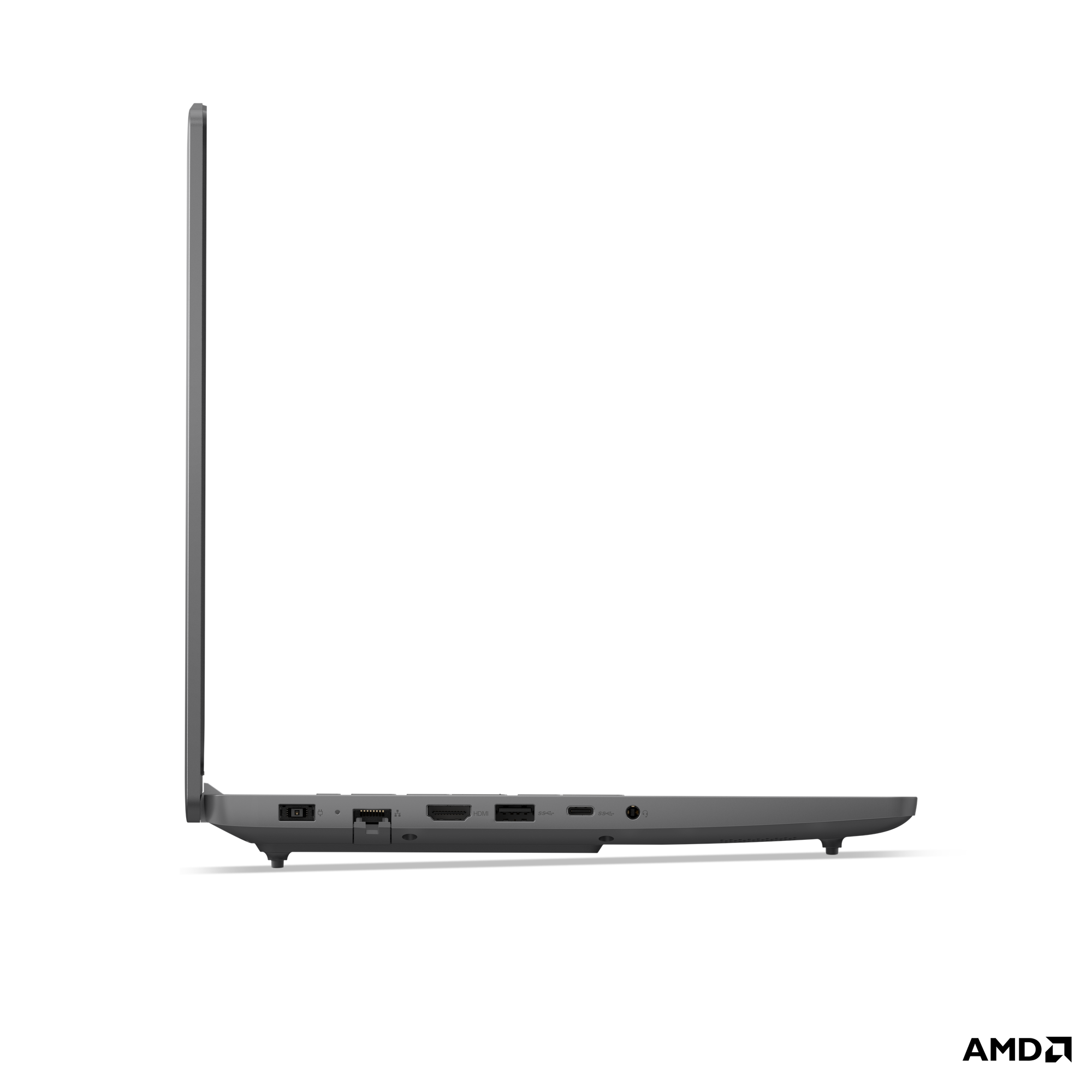 Gri dizüstü bilgisayarın yan görünümü, bağlantı noktaları: Ethernet, HDMI, USB-A, USB-C, kulaklık.