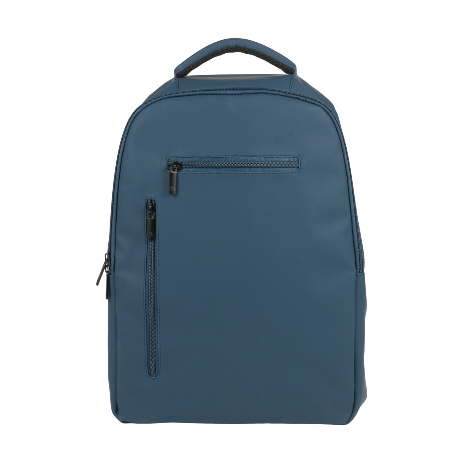 Zaino blu con tasche frontali e superiori con zip.