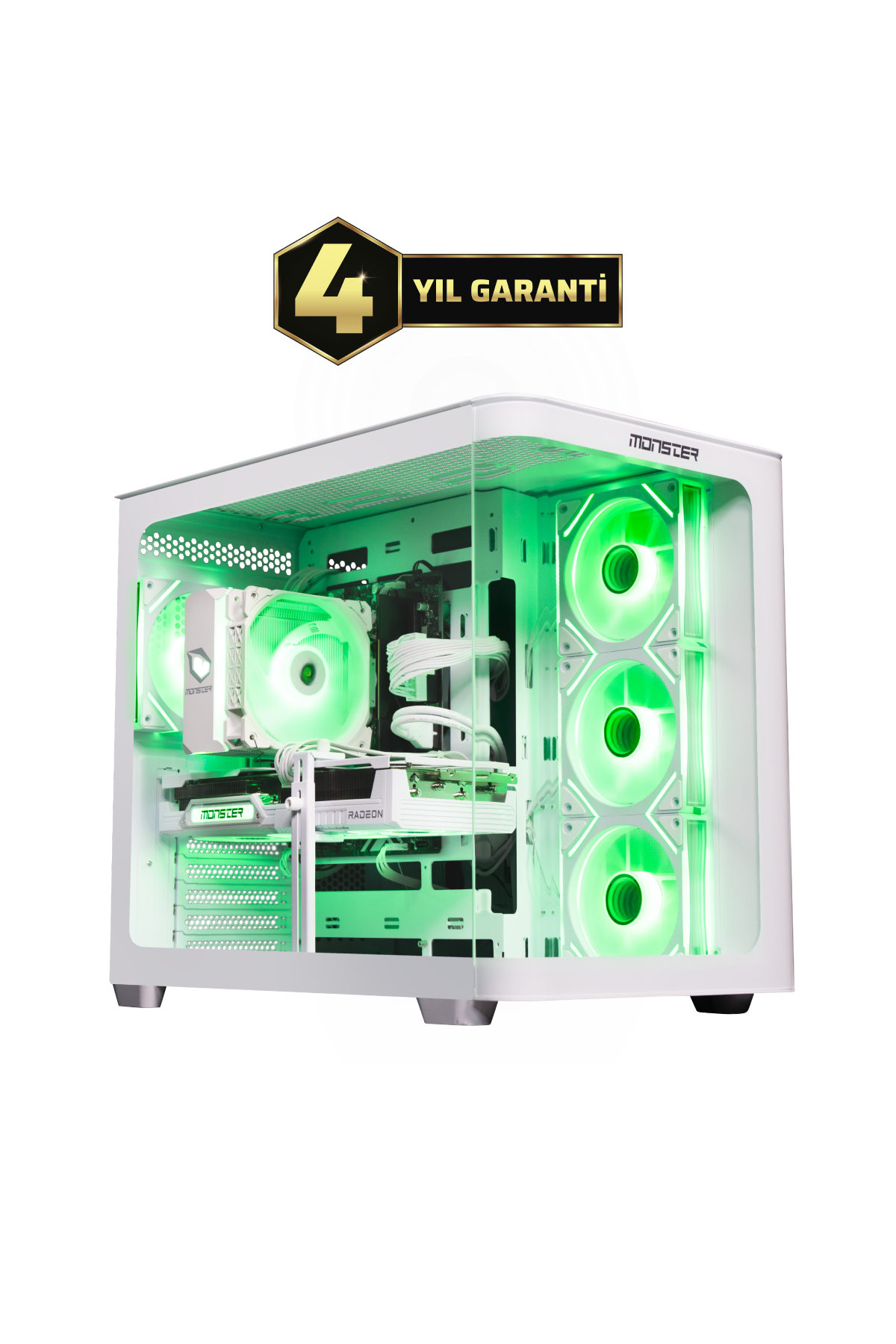 Yeşil LED aydınlatmalı beyaz oyuncu bilgisayarı, 4 yıl garantili.