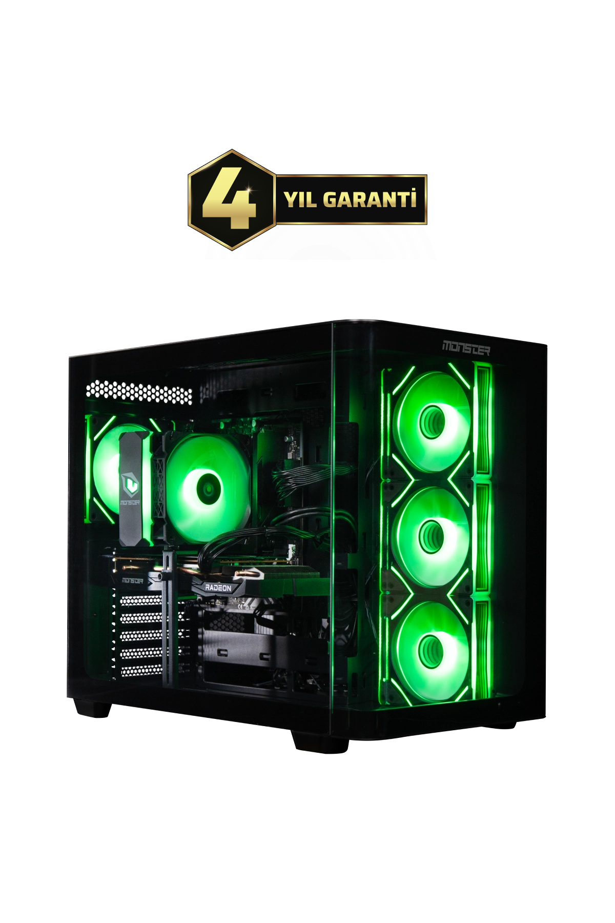 Yeşil aydınlatmalı ve garanti damgalı bir PC kasası.