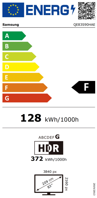 Etykieta energetyczna TV Samsung: F. 128 kWh/1000h. HDR 372 kWh/1000h. Ekran 83".