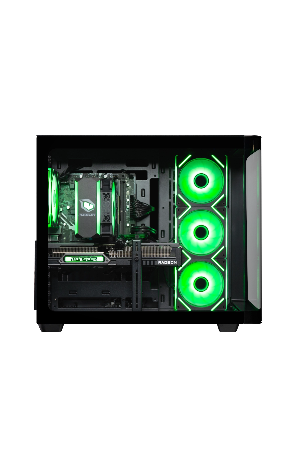 İçindeki bileşenleri gösteren yeşil ışıklı açık bir PC kasası.