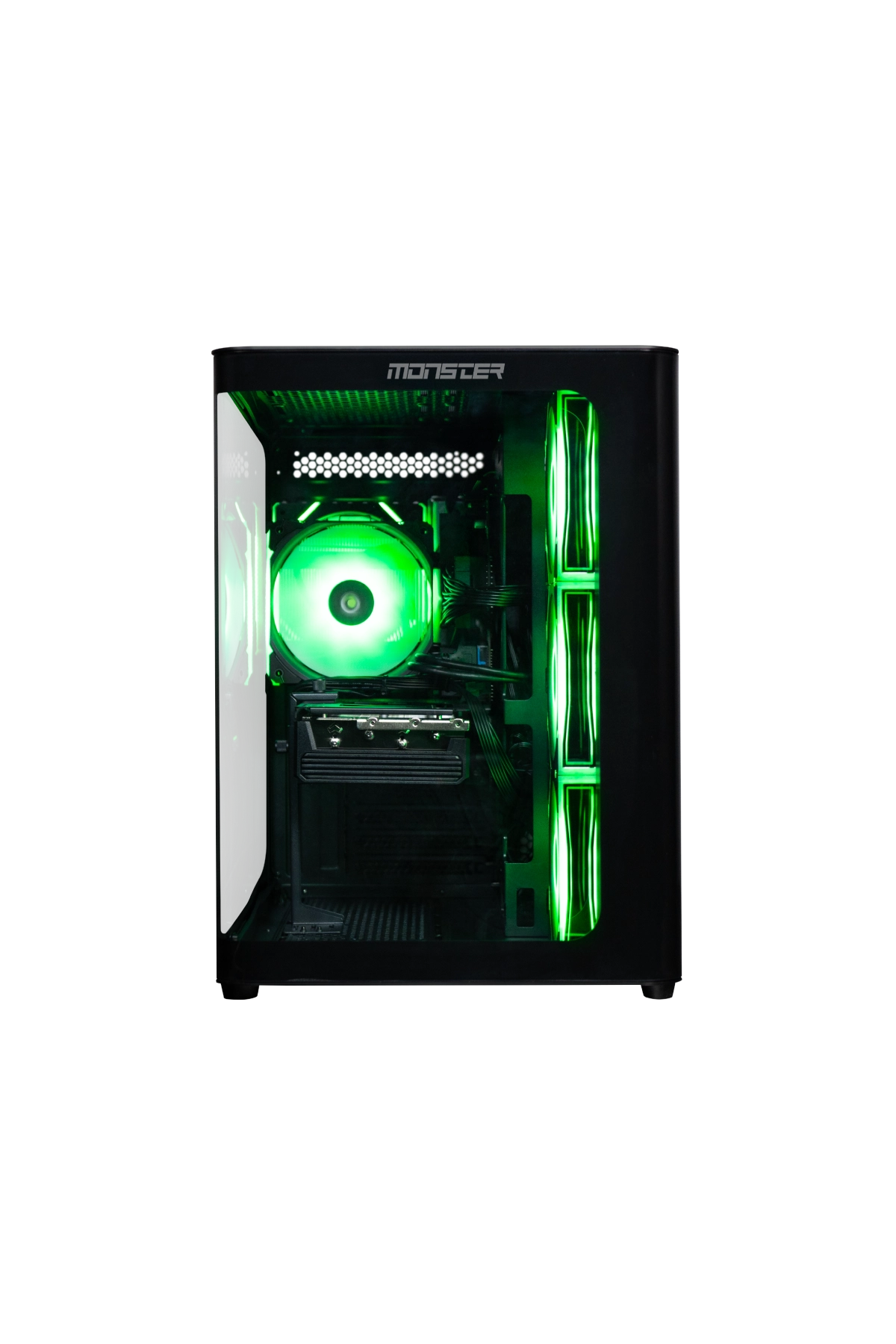 Yeşil aydınlatmalı açık bir PC kasası. Büyük bir fan parlak yeşil parlıyor.