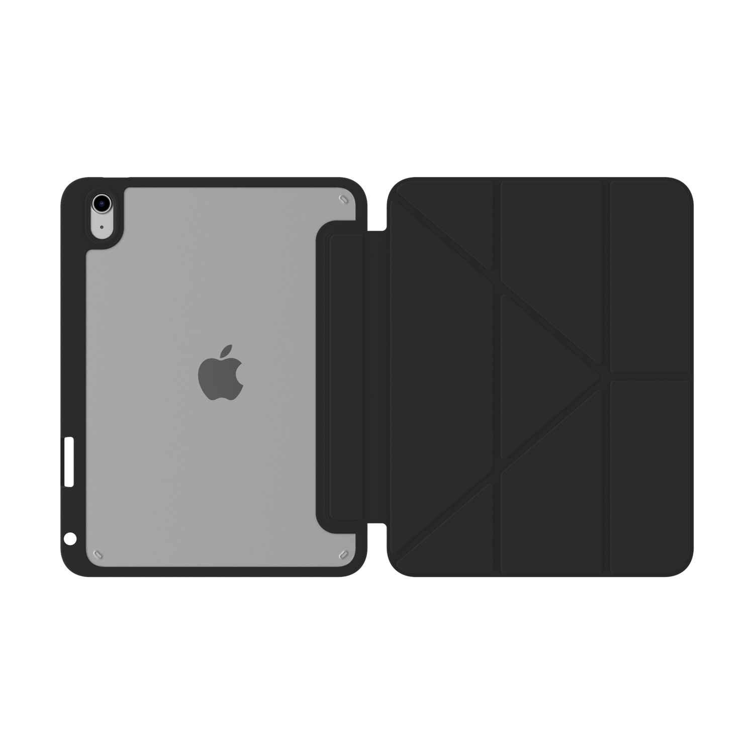 Custodia nera per iPad aperta, mostra retro grigio con logo Apple e fotocamera.