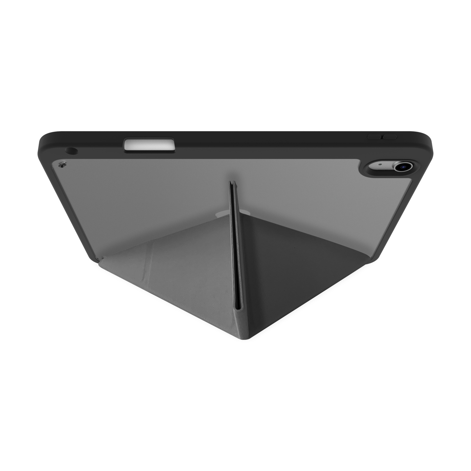 Custodia nera per tablet con funzione stand, vista posteriore visibile.