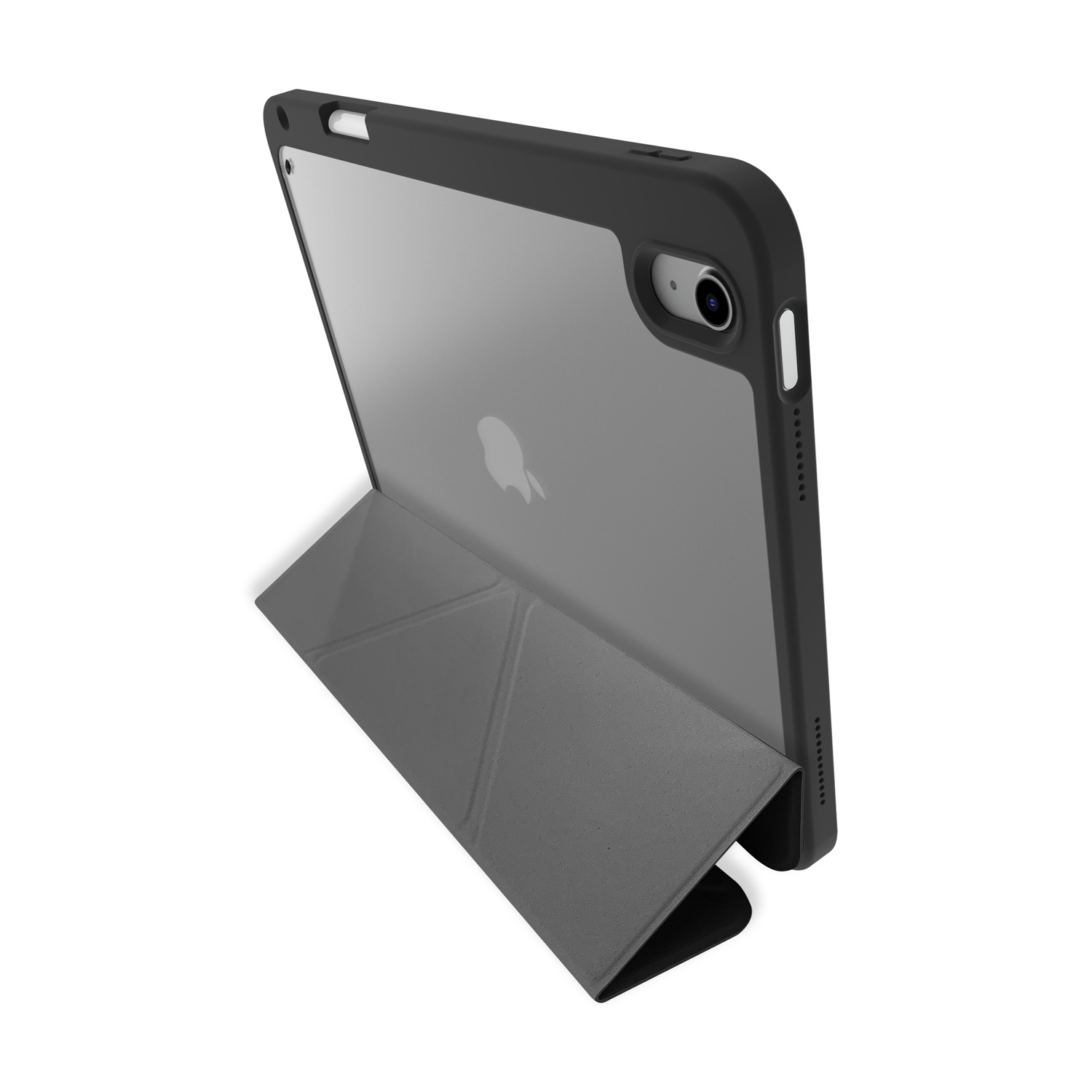 Un tablet nero con custodia grigia e supporto aperto.