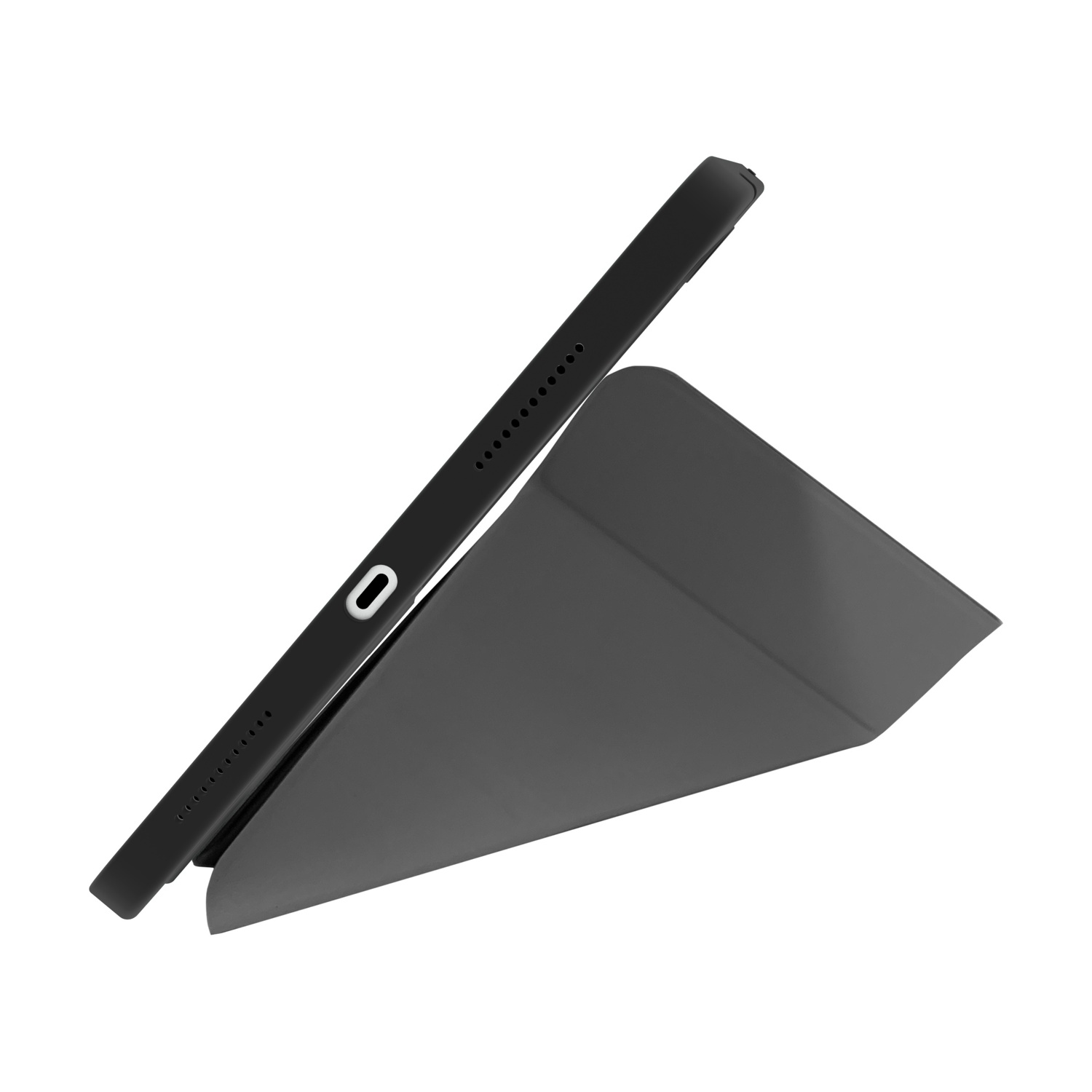 Un tablet nero in una custodia grigio scuro che funge da supporto.