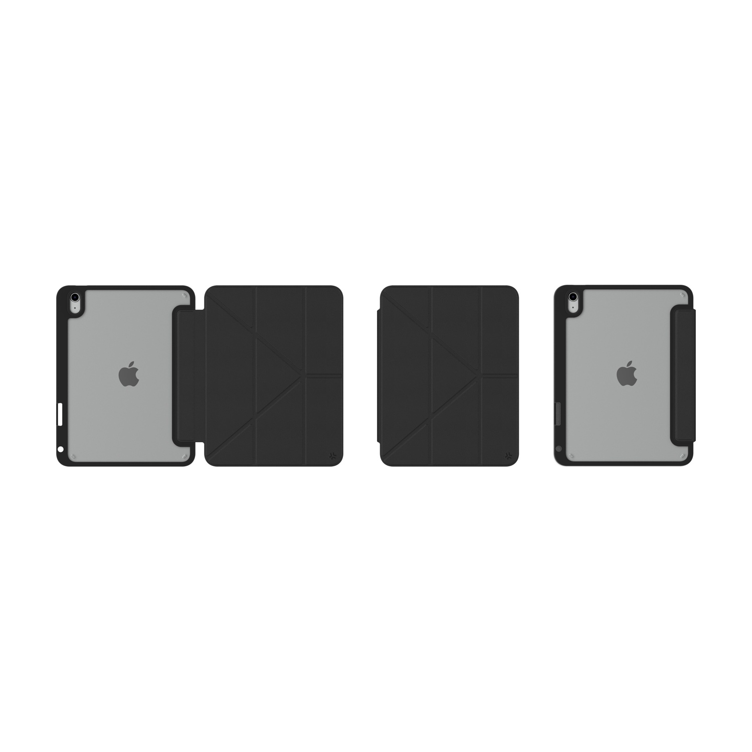 Una custodia nera per iPad con copertina piegata e un iPad con custodia aperta.