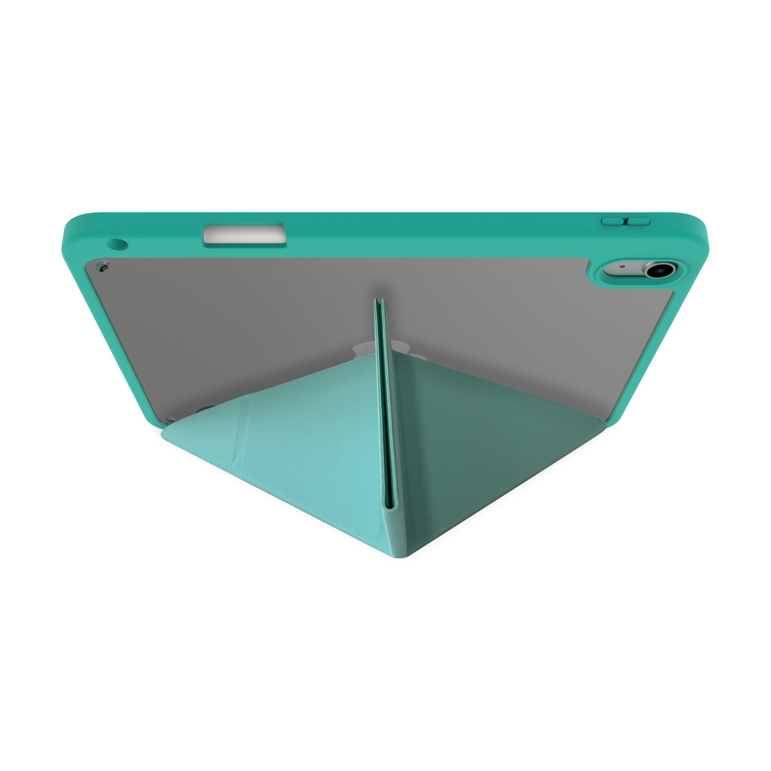 Un supporto per tablet turchese con cavalletto posteriore.
